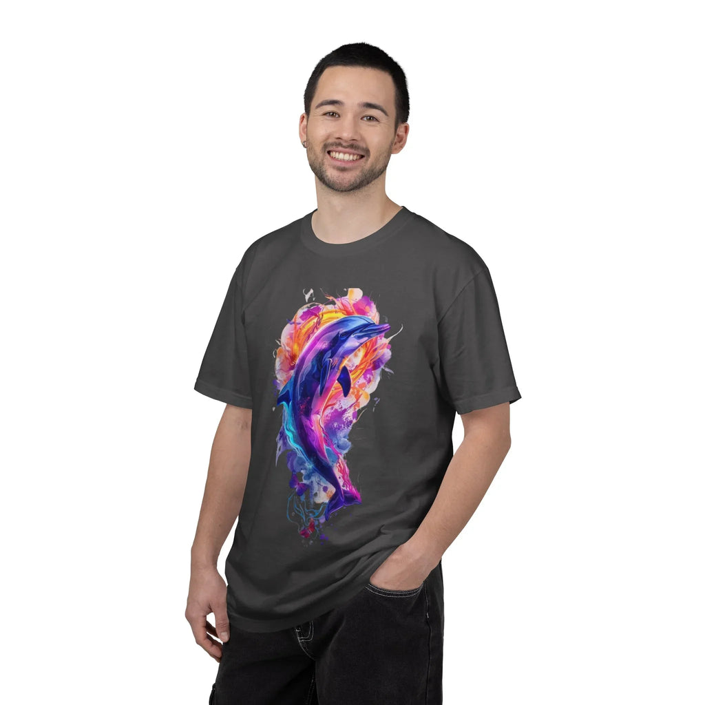 Colorful Watercolor Dolphin T-shirt | Vibrant Ocean Dolphin Tee Chrome Y2K Fantasy Dolphins & Butterflies T-Shirt | Airbrushed Liquid Metal - 250 USA Celebration