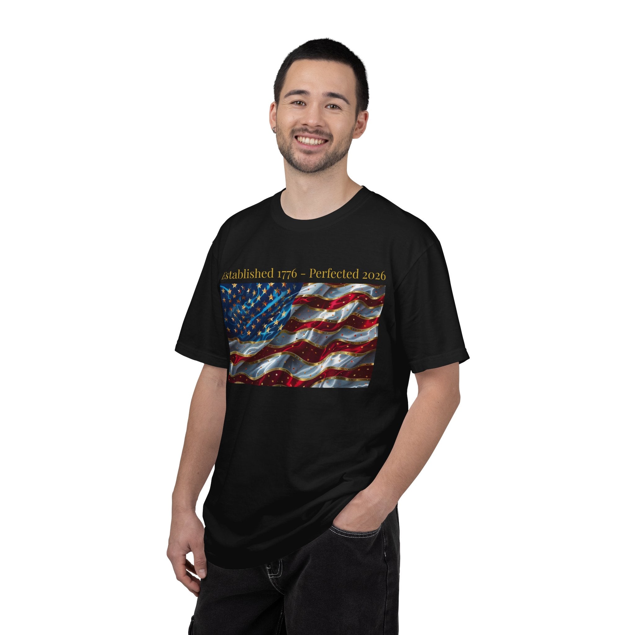 American Flag T-Shirt – "Established 1776 • Perfected 2026" Patriotic Tee