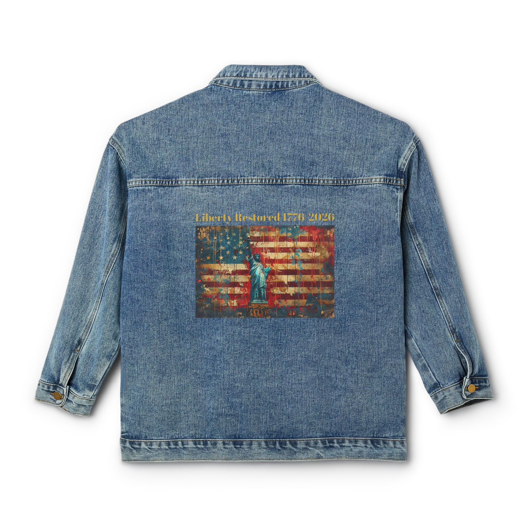 Women's Denim Jacket with Vintage American Flag & Statue of Liberty Back Print