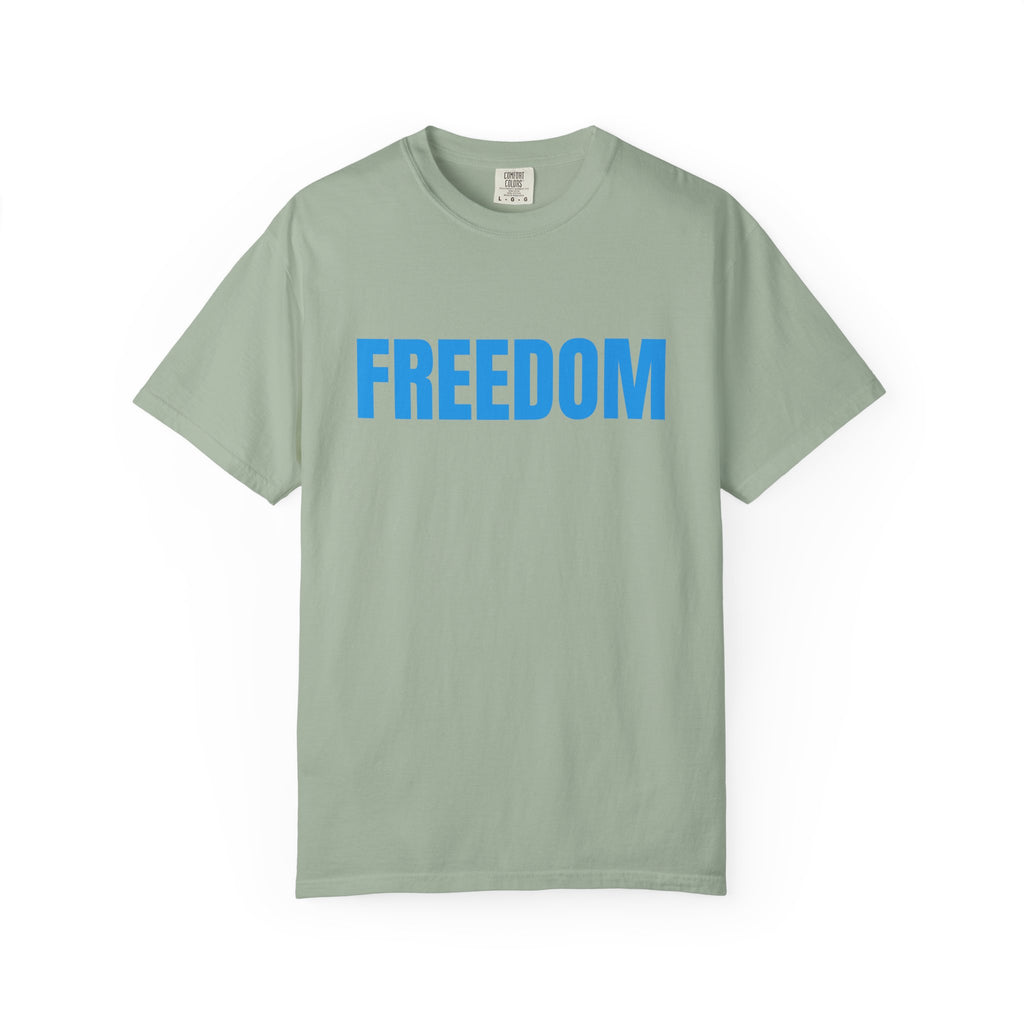 Freedom Graphic T-Shirt — Bold Blue Text Patriotic Tee