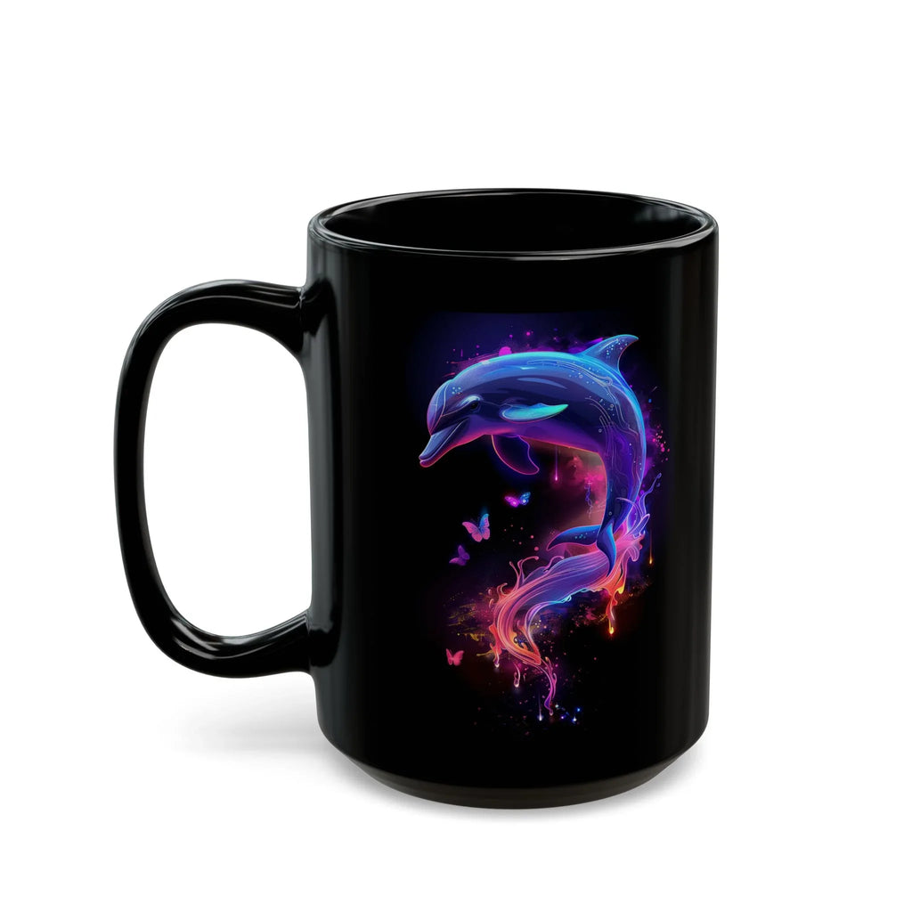 Black Mug, Chrome Dolphin Design, Y2K Revival, Gen Z Mug, Lisa Frank Stickers, Beachcore Mug - 250 USA Celebration