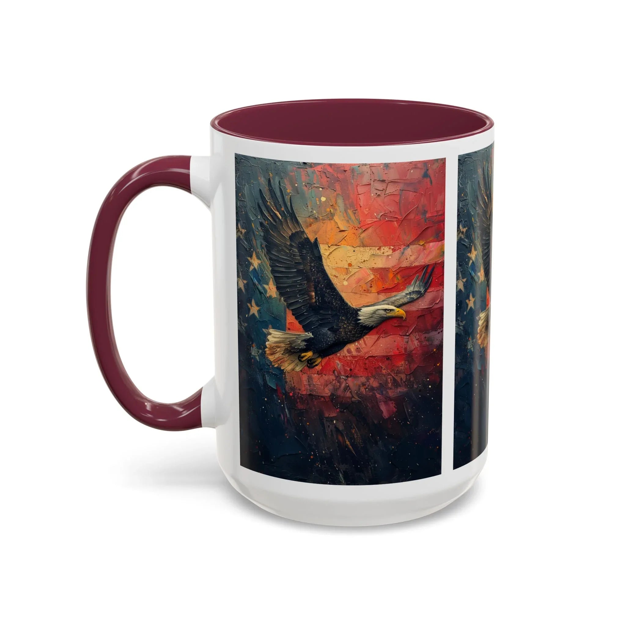 Colorful Mugs (11oz, 15oz) American Eagle Flying Coffee Cup, Patriotic American Eagle flying with American Flag in background - 250 USA Celebration