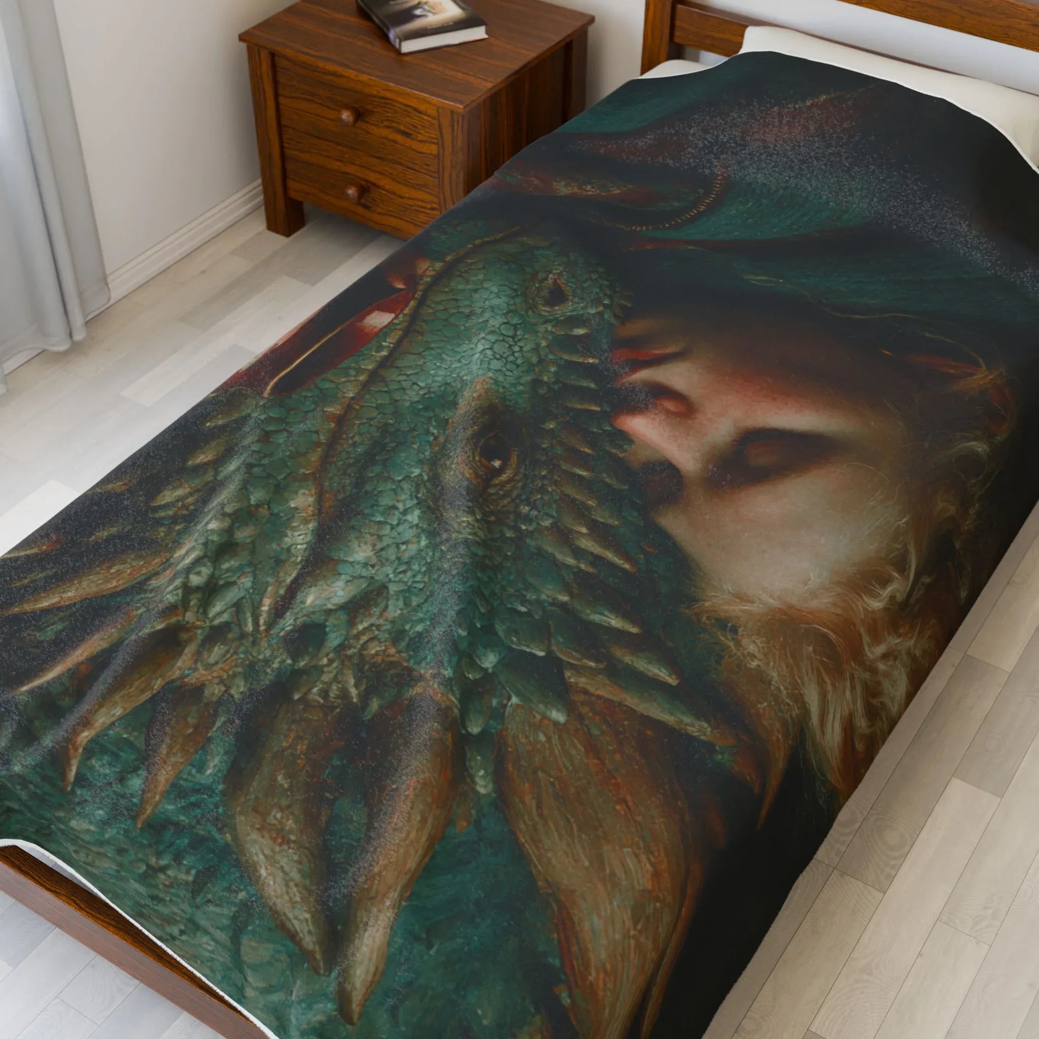 Woman Cuddling Dragon Velveteen Blanket | Fantasy Art Plush Throw - 250 USA Celebration