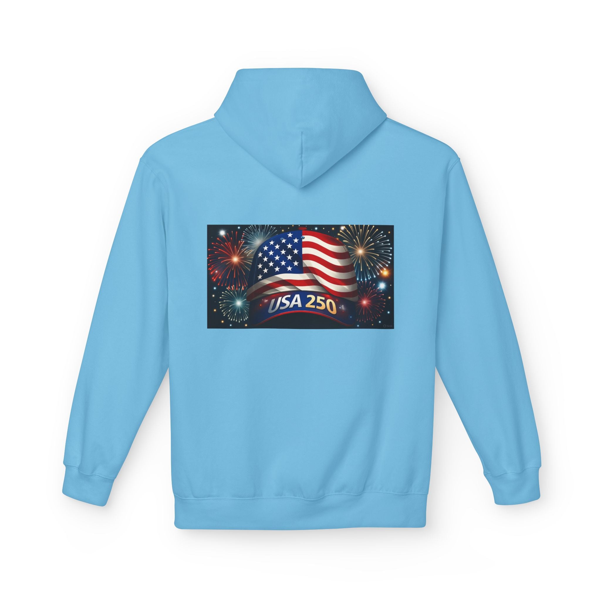 USA 250 Patriotic Hoodie with American Flag & Fireworks