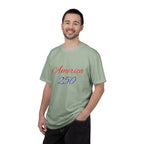 America 250 T-shirt | Patriotic Script, Red and Blue Text