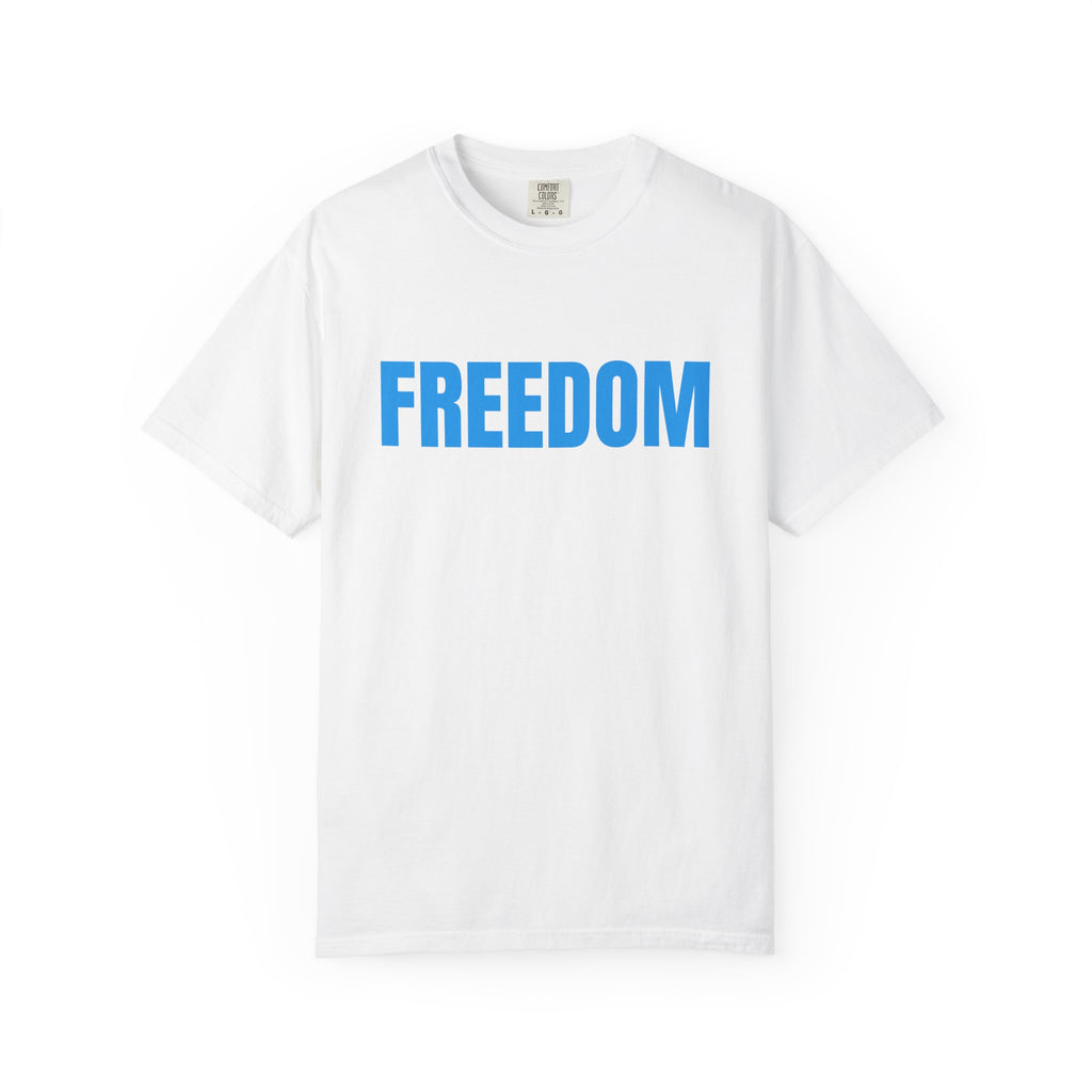 Freedom Graphic T-Shirt — Bold Blue Text Patriotic Tee