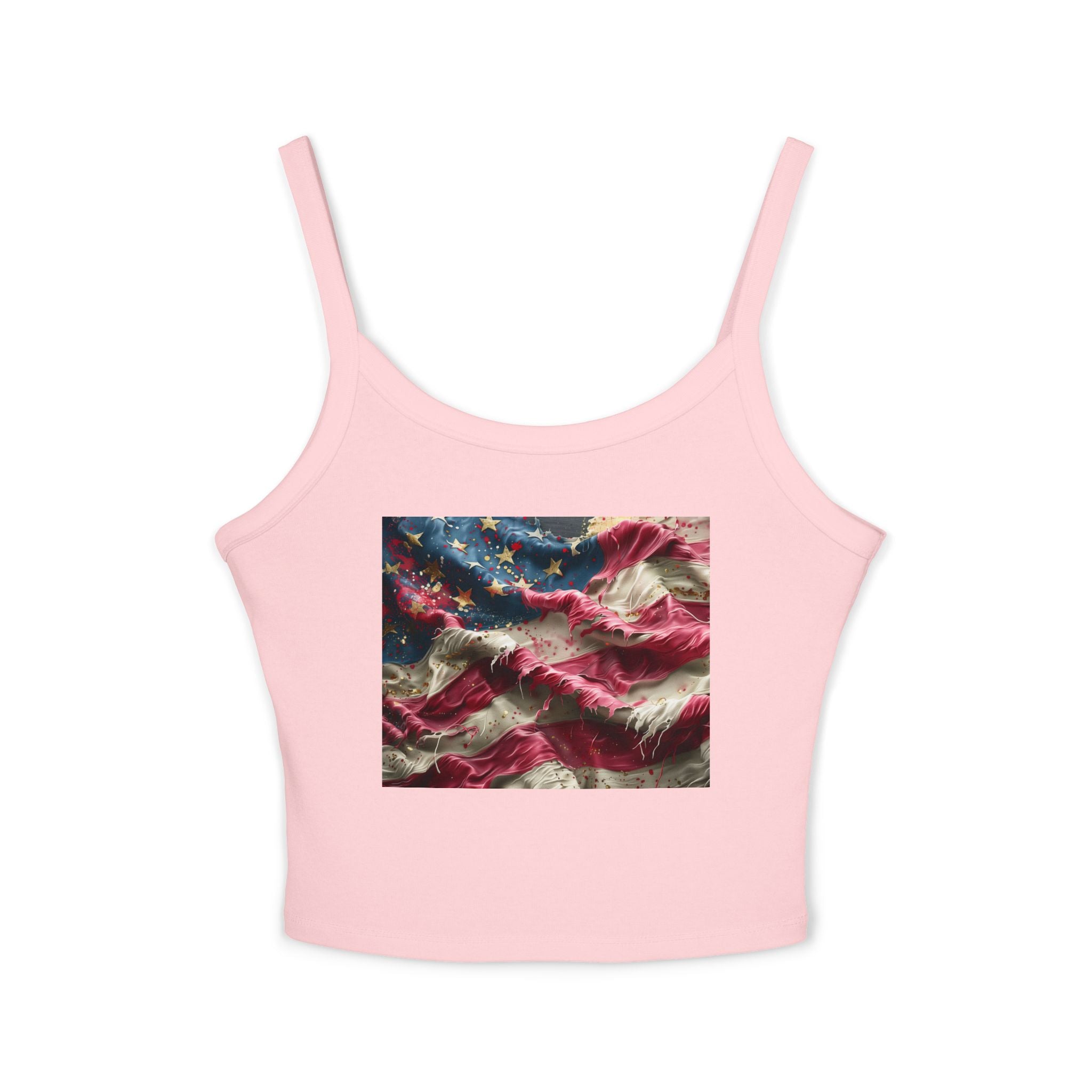 American Flag Ruffled Crop Tank Top – Patriotic Women's Spaghetti Strap Top