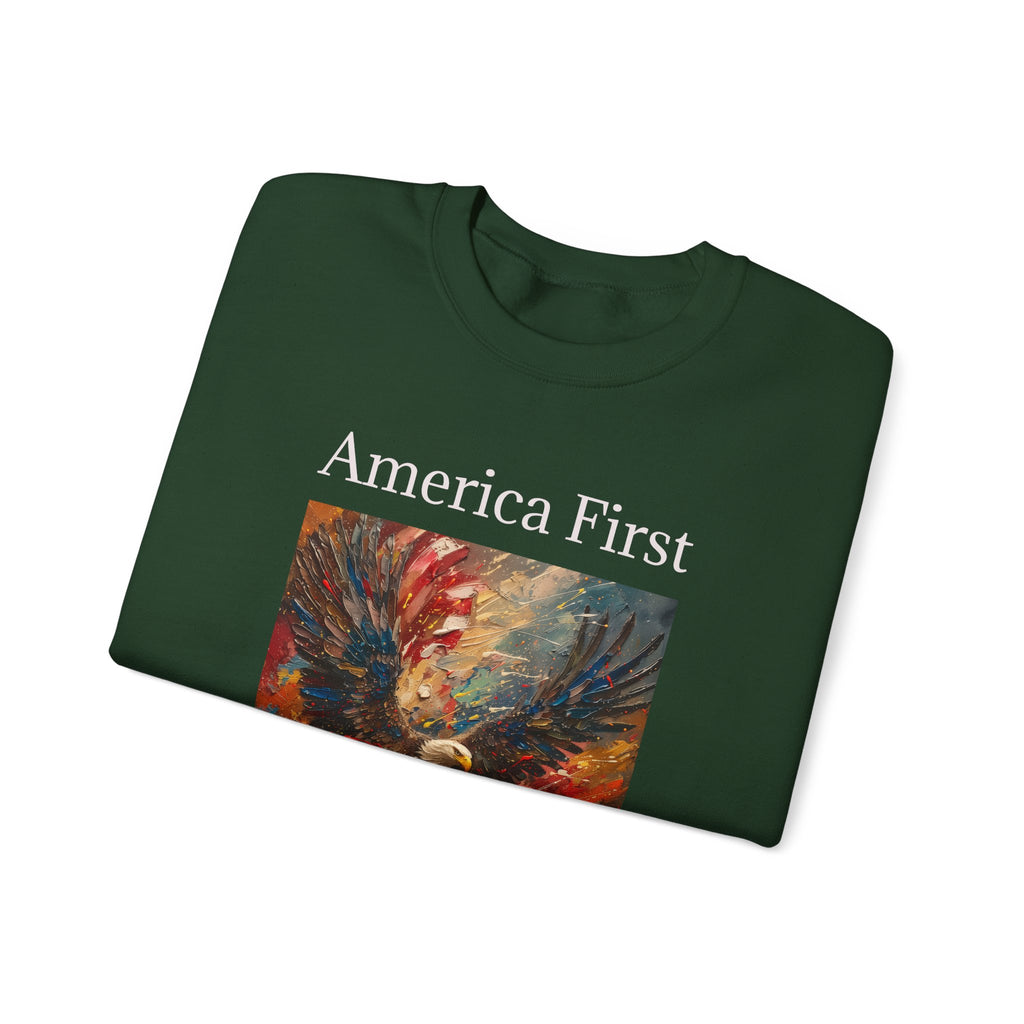 Patriotic Sweatshirt, American Eagle with America First Headline, USA Pullover Jumper, Fourth of July Gift, Political Statement Top, Unisex