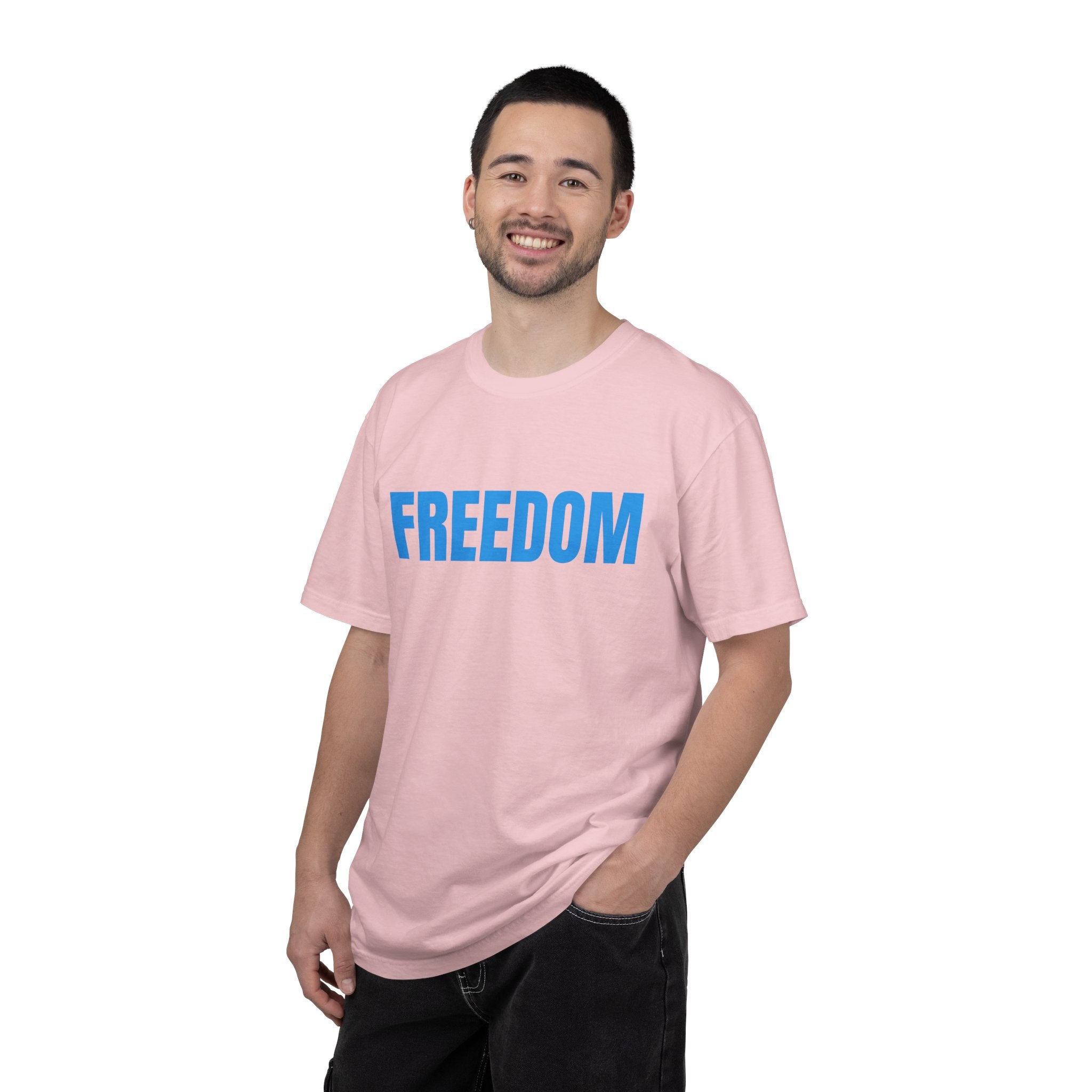 Freedom Graphic T-Shirt — Bold Blue Text Patriotic Tee
