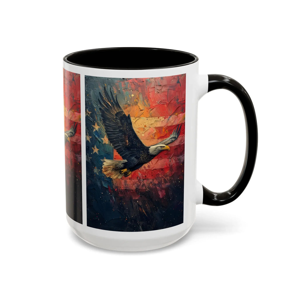 Colorful Mugs (11oz, 15oz) American Eagle Flying Coffee Cup, Patriotic American Eagle flying with American Flag in background - 250 USA Celebration