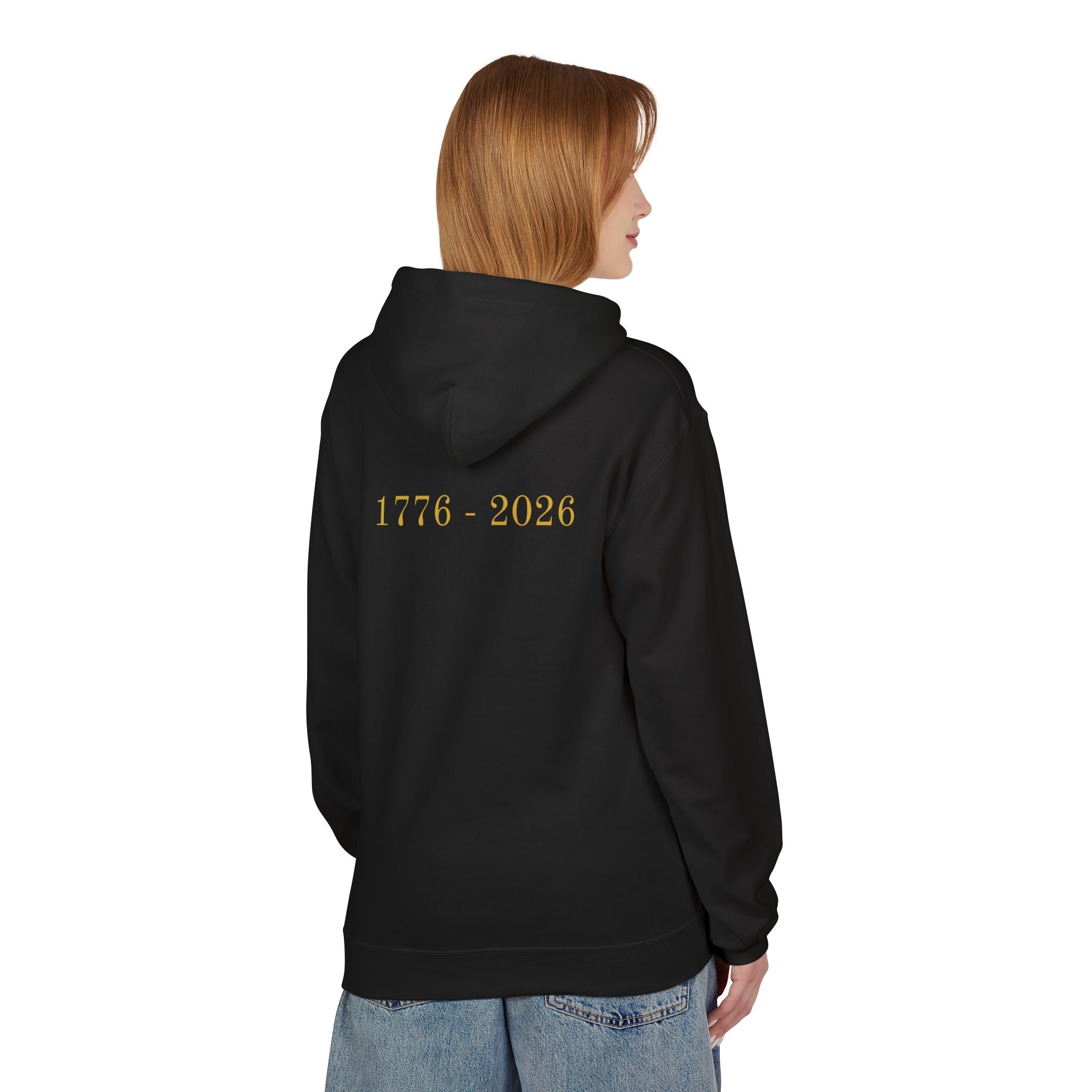 Patriotic Eagle Hoodie — American Flag Bald Eagle with "1776 - 2026" Back Print