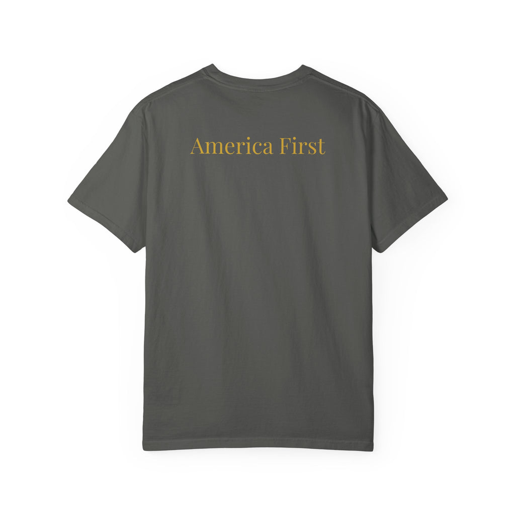 Patriotic T-Shirt — "Rouge, Valor, Victory" American Flag Graphic, "America First" Back Text