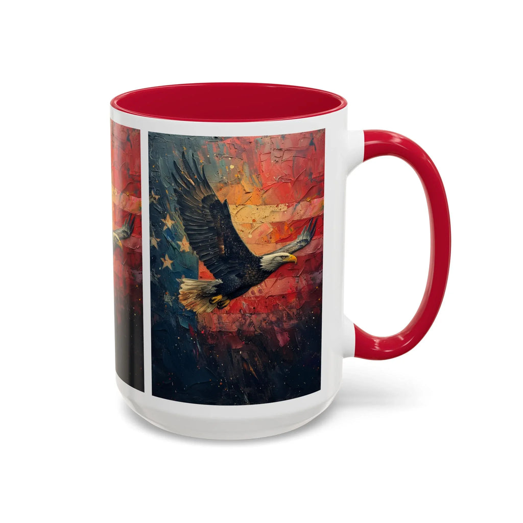Colorful Mugs (11oz, 15oz) American Eagle Flying Coffee Cup, Patriotic American Eagle flying with American Flag in background - 250 USA Celebration