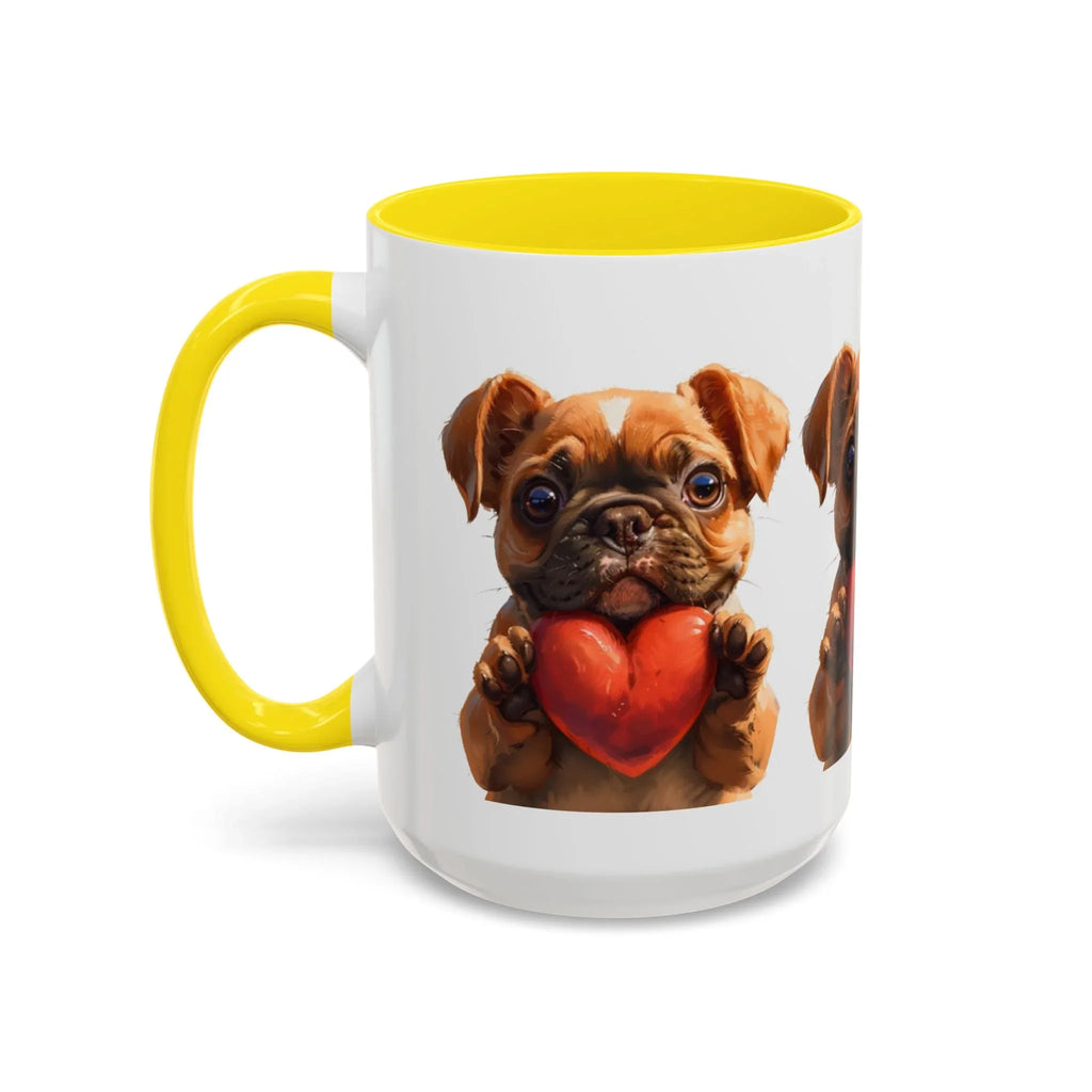 Cute French Bulldog Holding Red Heart Accent Coffee Mug | Puppy Cartoon Illustration - 250 USA Celebration