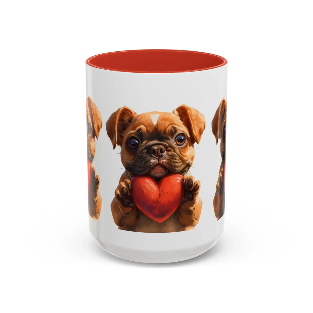Cute French Bulldog Holding Red Heart Accent Coffee Mug | Puppy Cartoon Illustration - 250 USA Celebration