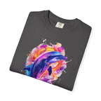 Colorful Watercolor Dolphin T-shirt | Vibrant Ocean Dolphin Tee Chrome Y2K Fantasy Dolphins & Butterflies T-Shirt | Airbrushed Liquid Metal - 250 USA Celebration