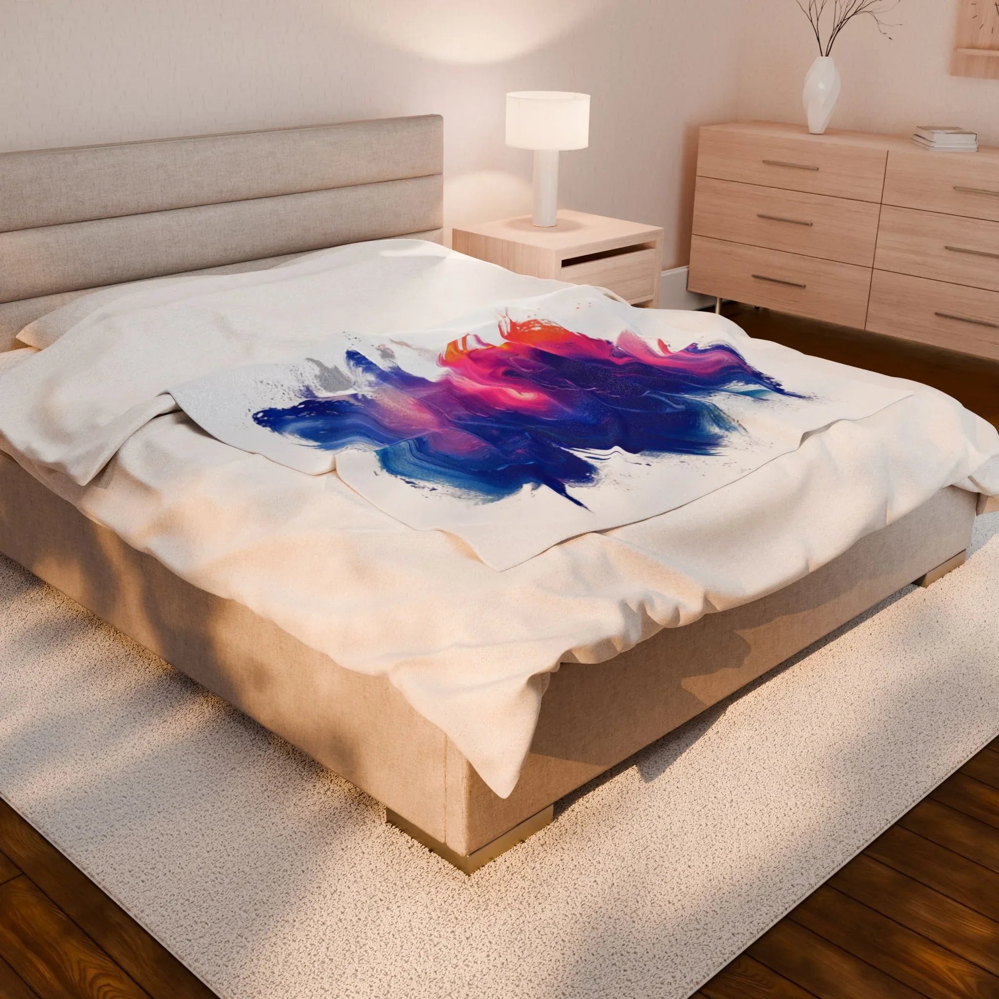 Abstract Colorful Brushstroke Velveteen Plush Blanket | Blue Purple Pink Art Throw - 250 USA Celebration