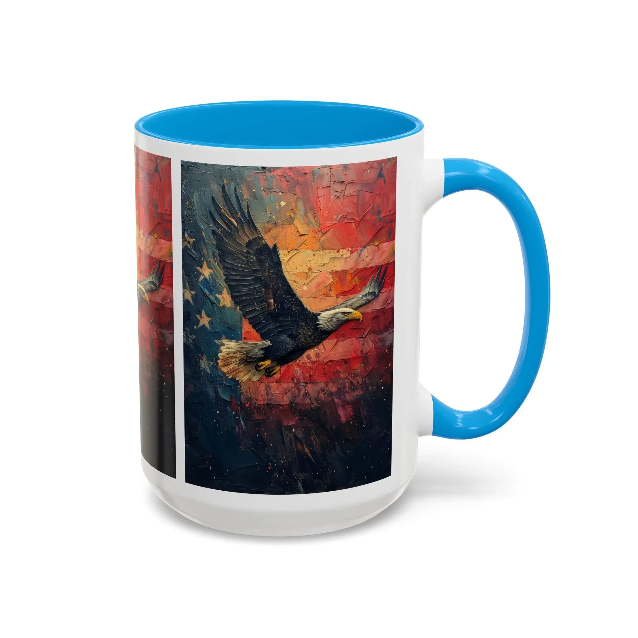 Colorful Mugs (11oz, 15oz) American Eagle Flying Coffee Cup, Patriotic American Eagle flying with American Flag in background - 250 USA Celebration