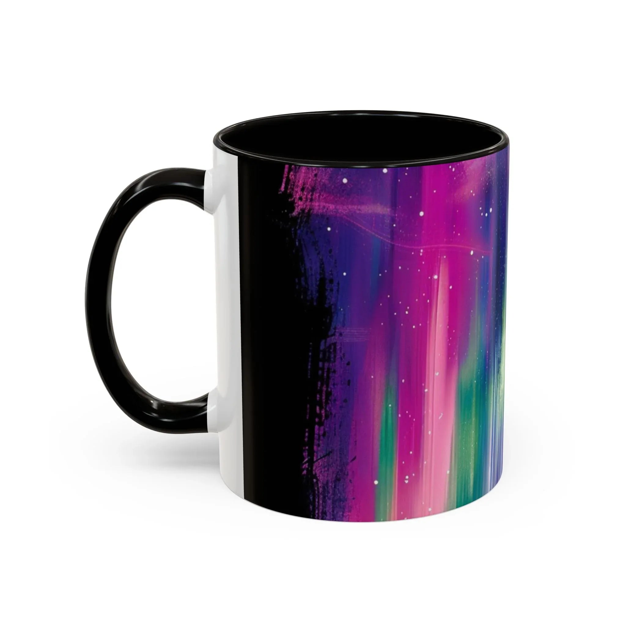 Colorful Mugs (11oz, 15oz), aurora borealis coffee cup design, northern lights starry silhouettes coffee cup - 250 USA Celebration
