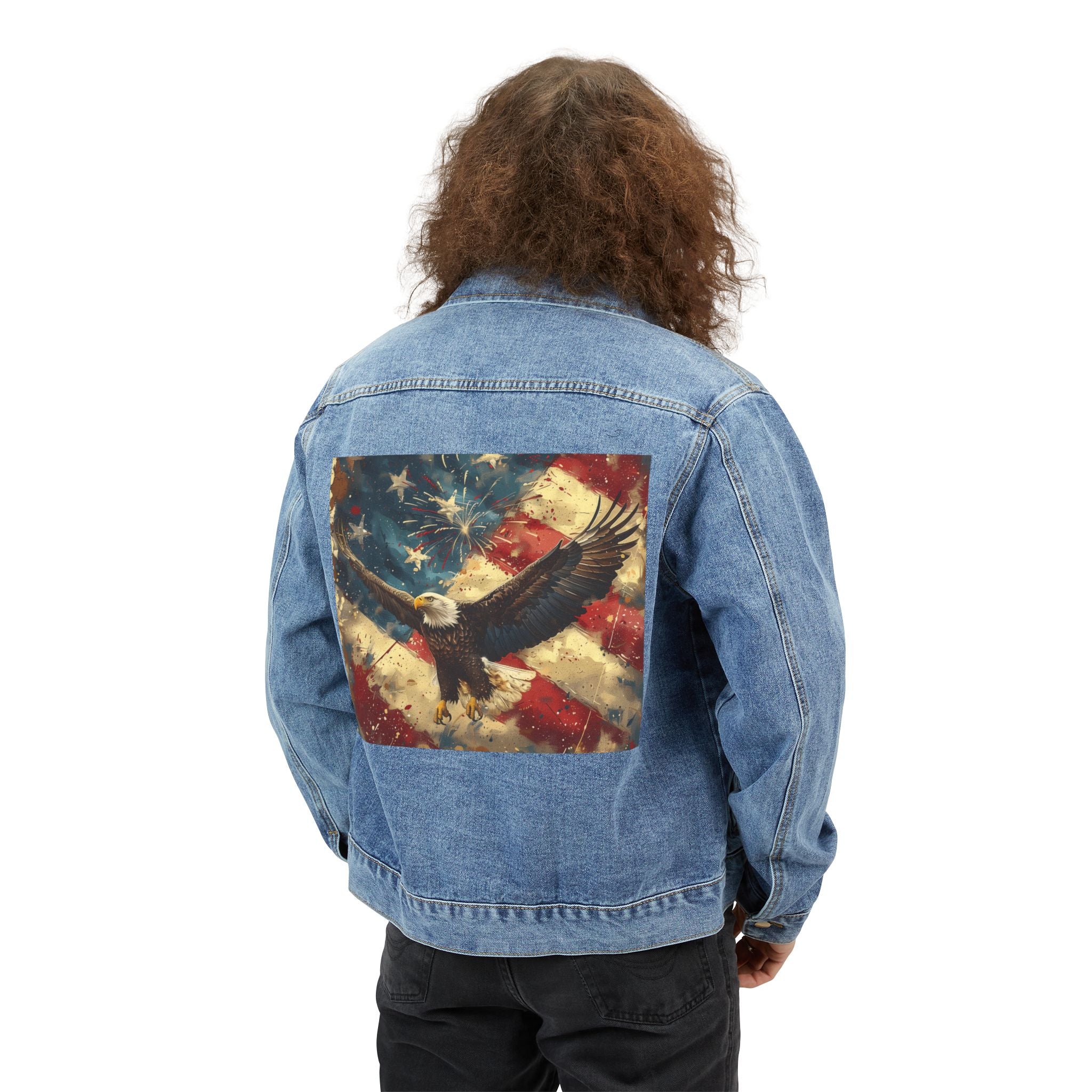 Men's Denim Jacket with Vintage American Flag & Bald Eagle Back Print