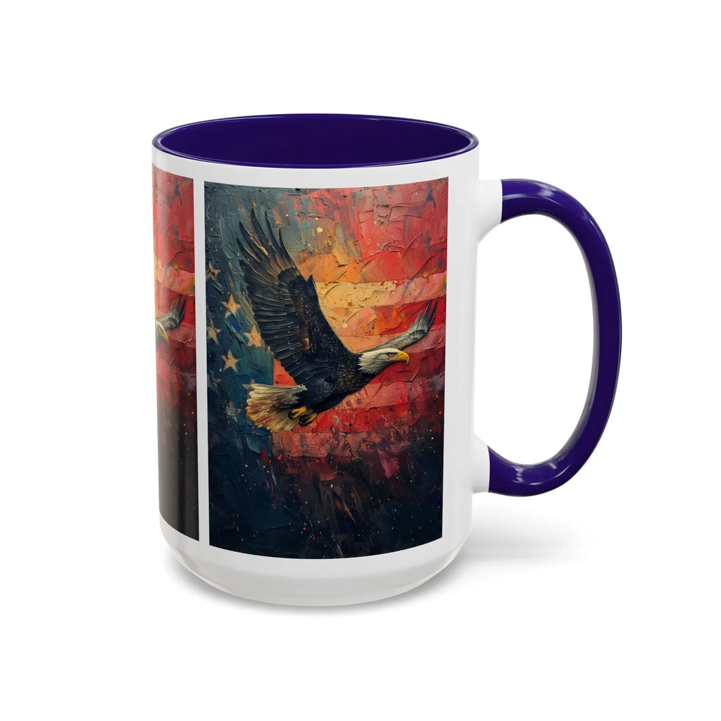 Colorful Mugs (11oz, 15oz) American Eagle Flying Coffee Cup, Patriotic American Eagle flying with American Flag in background - 250 USA Celebration