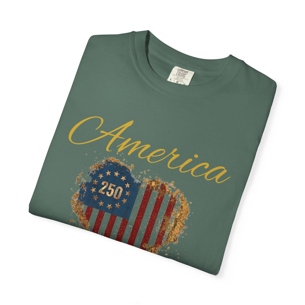 America 250 T-shirt | Patriotic Script, Red and Blue Text