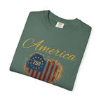 America 250 T-shirt | Patriotic Script, Red and Blue Text