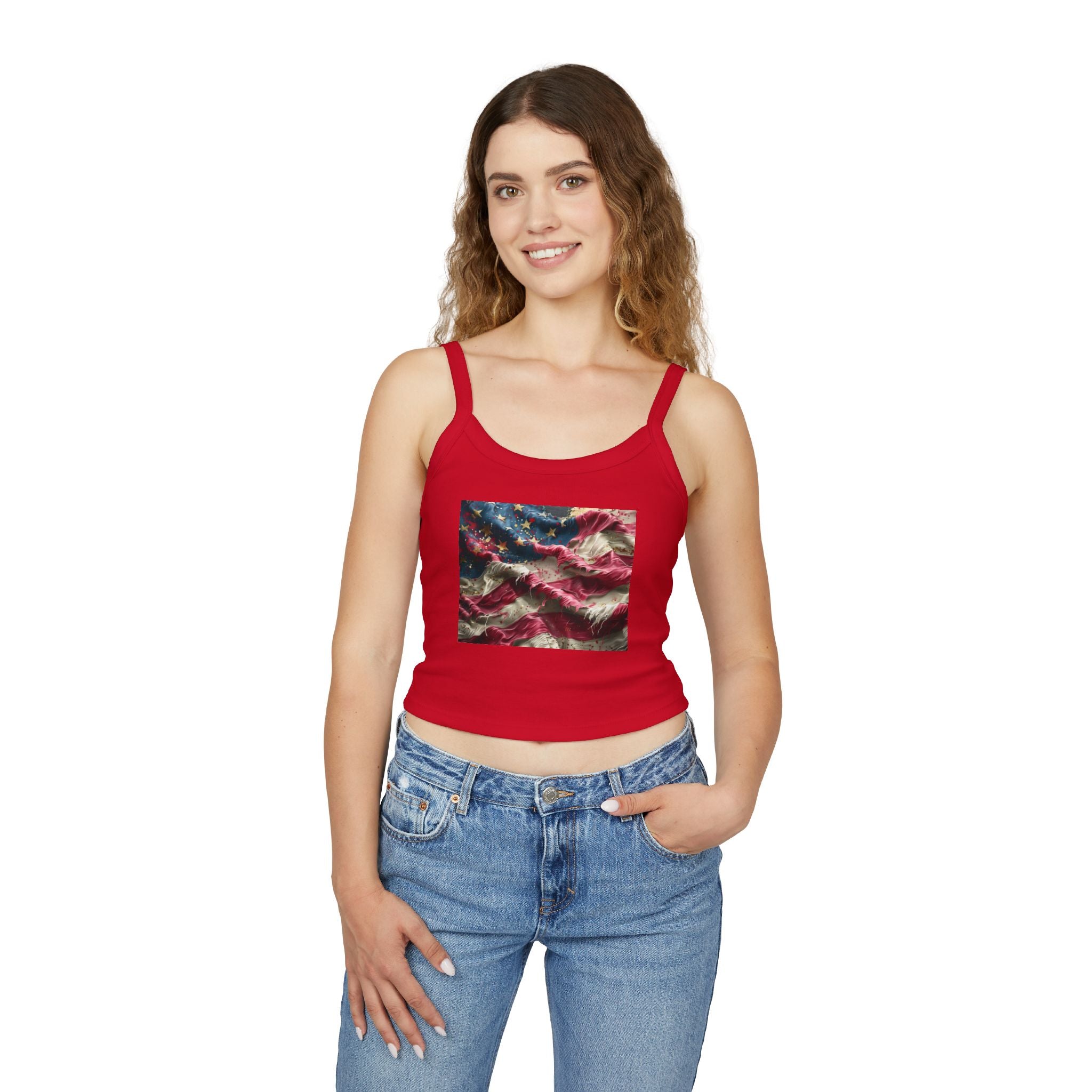 American Flag Ruffled Crop Tank Top – Patriotic Women's Spaghetti Strap Top