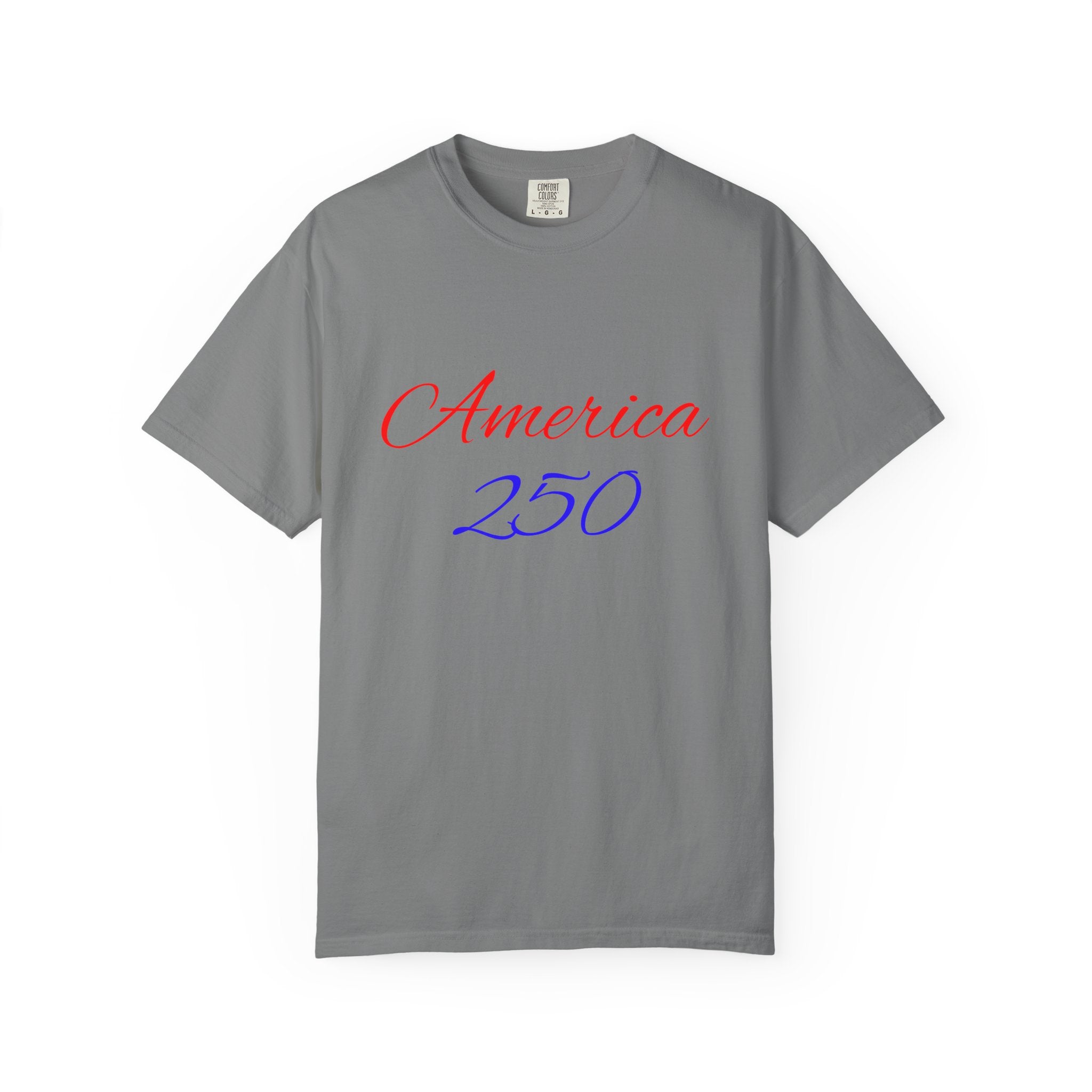 America 250 T-shirt | Patriotic Script, Red and Blue Text