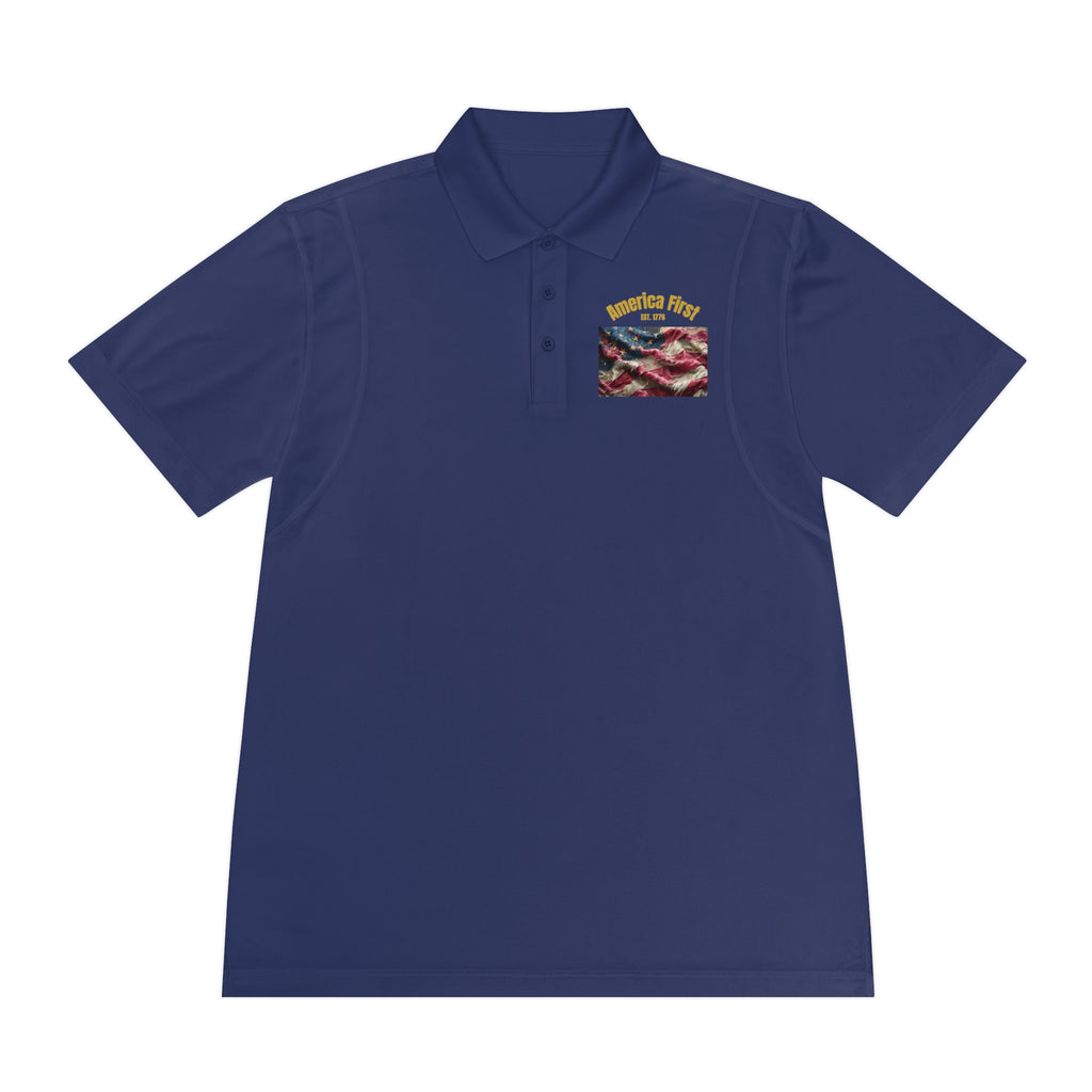 Patriotic "America First" Men's Sport Polo — American Flag Chest Logo