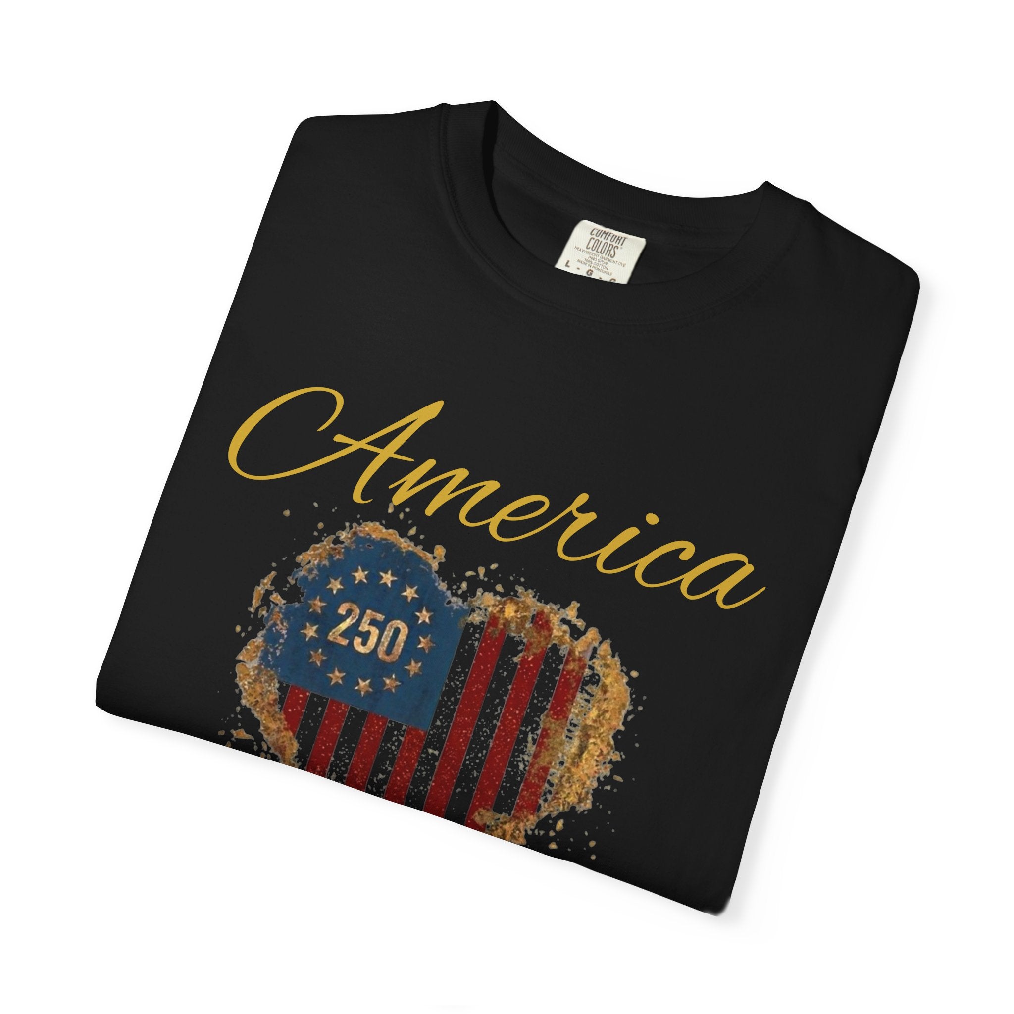 America 250 T-shirt | Patriotic Script, Red and Blue Text