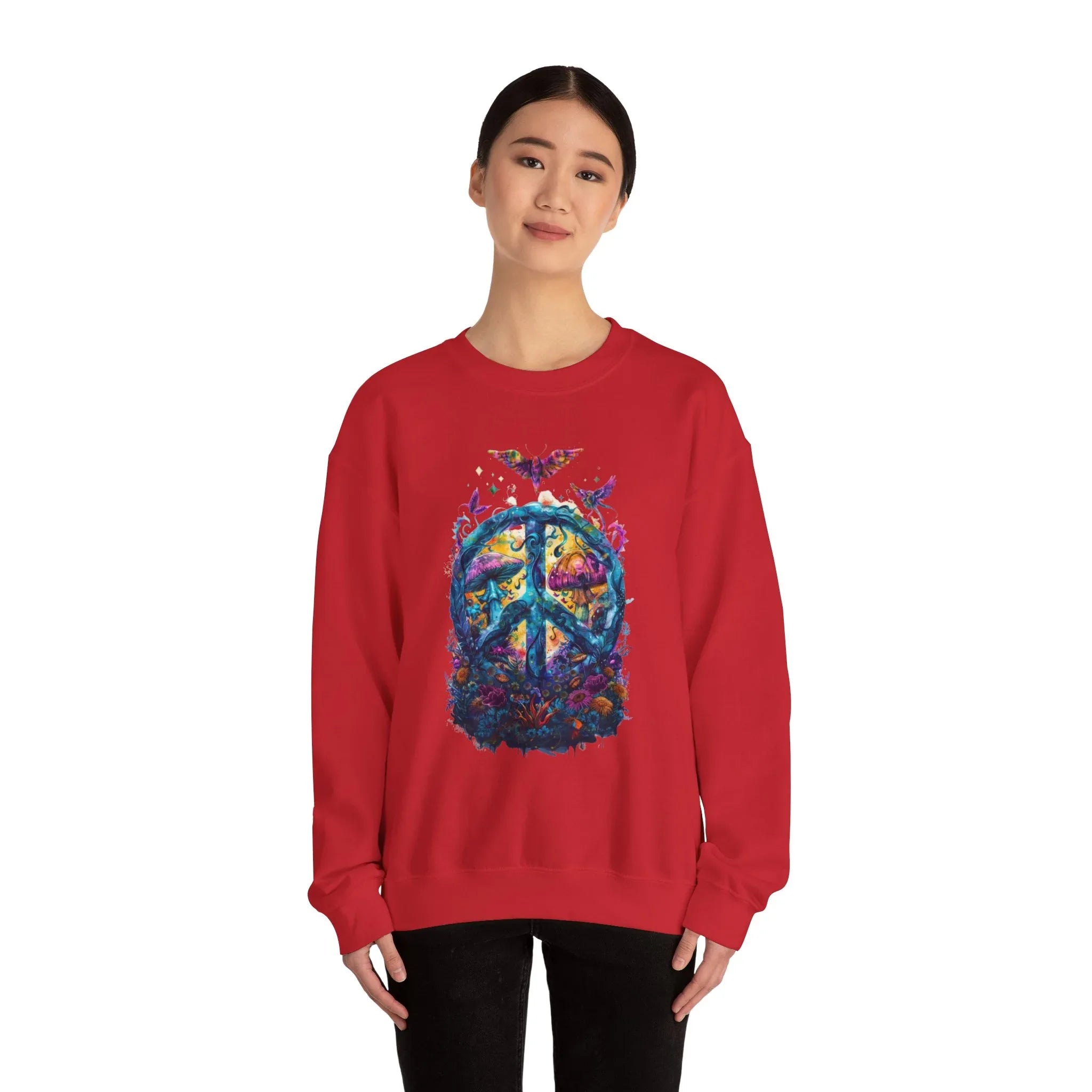 Psychedelic Mushroom Peace Sign Crewneck Sweatshirt | 60s Hippie Tie-Dye - 250 USA Celebration