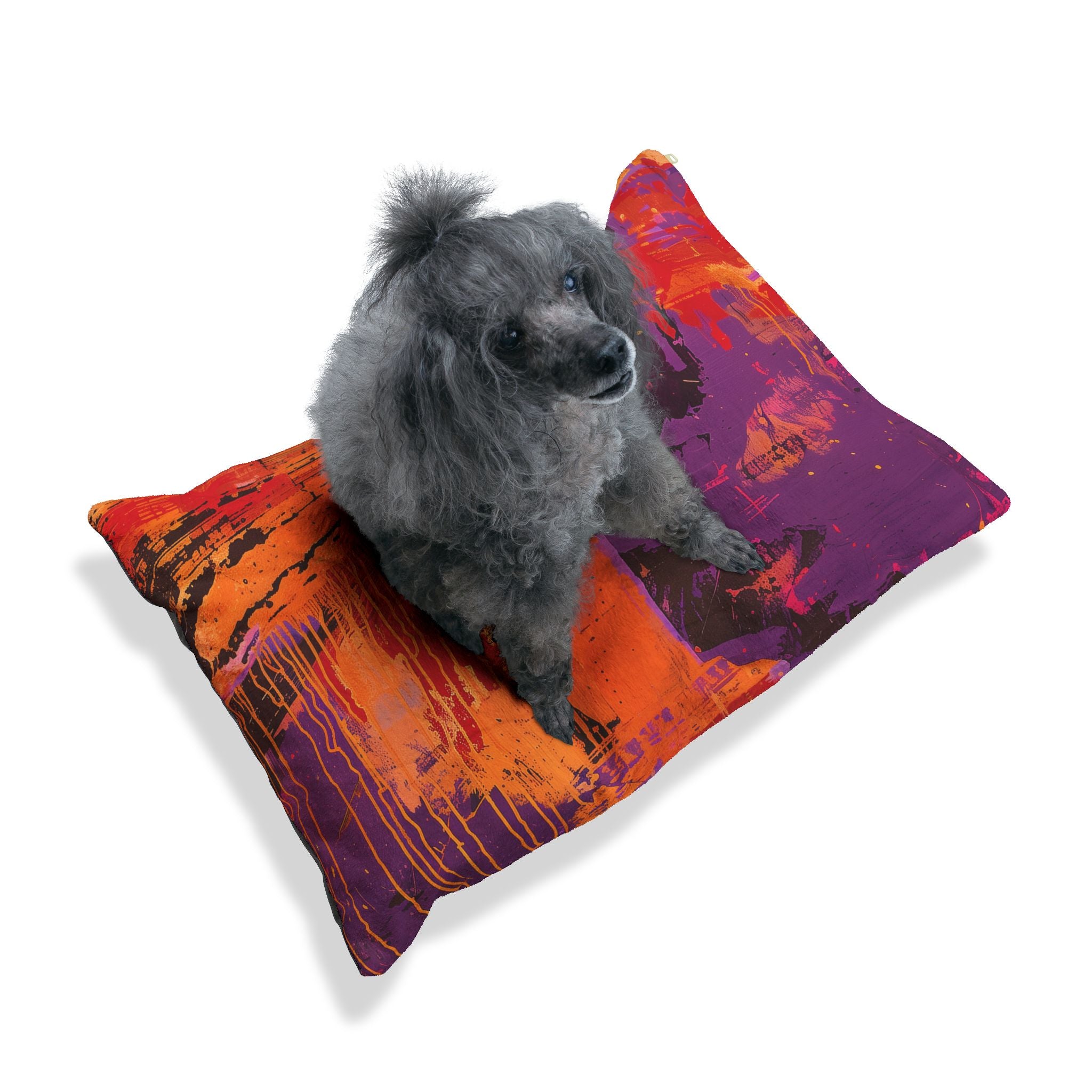 Abstract Sunset Pet Bed – Vibrant Purple & Orange Artistic Dog Cushion