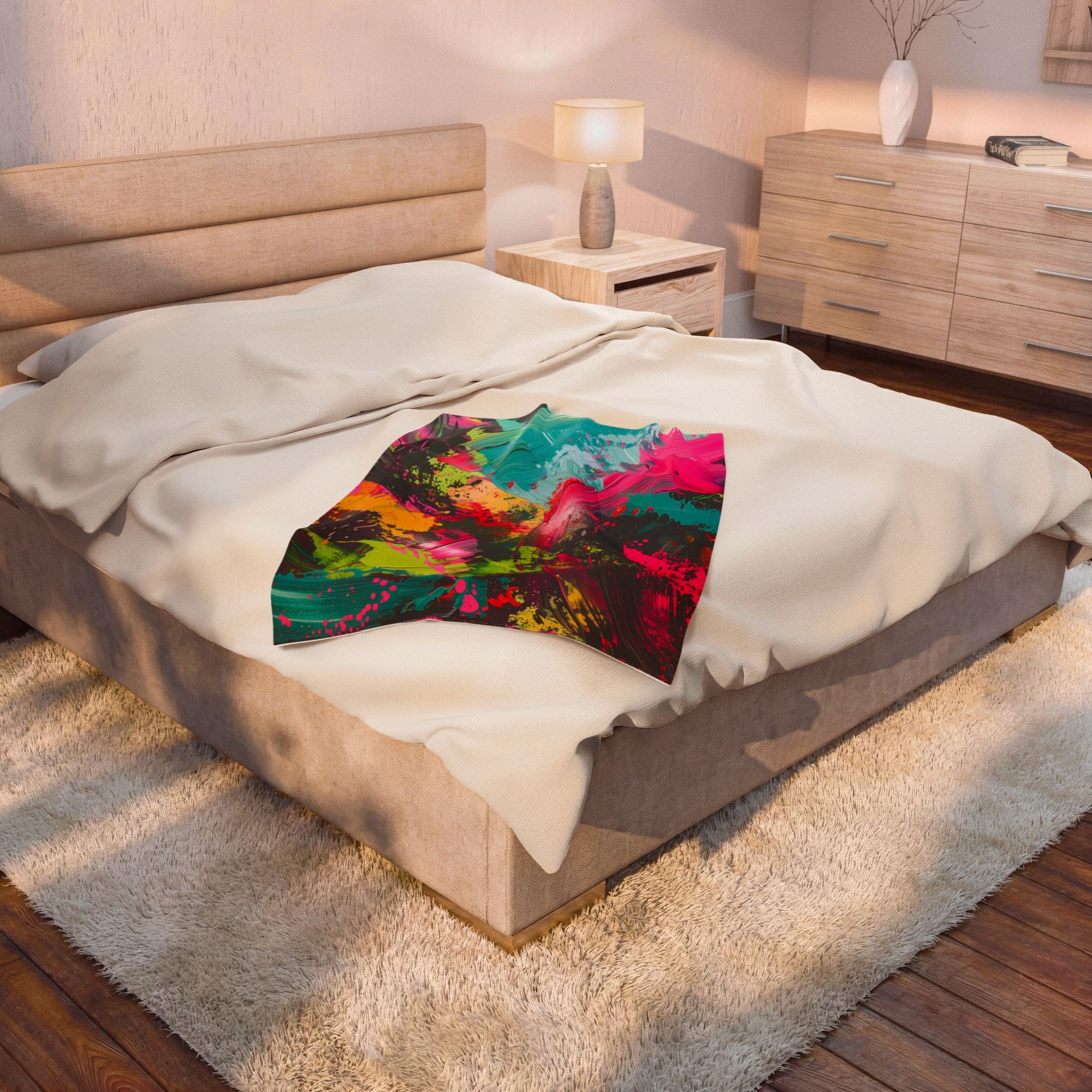 Abstract Neon Brushstroke Velveteen Plush Blanket — Vibrant Colorful Throw for Home, Dorm & Gifts