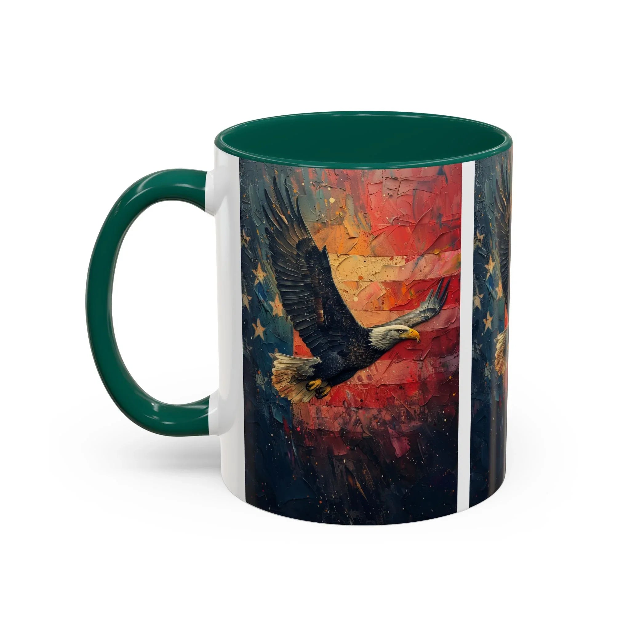Colorful Mugs (11oz, 15oz) American Eagle Flying Coffee Cup, Patriotic American Eagle flying with American Flag in background - 250 USA Celebration