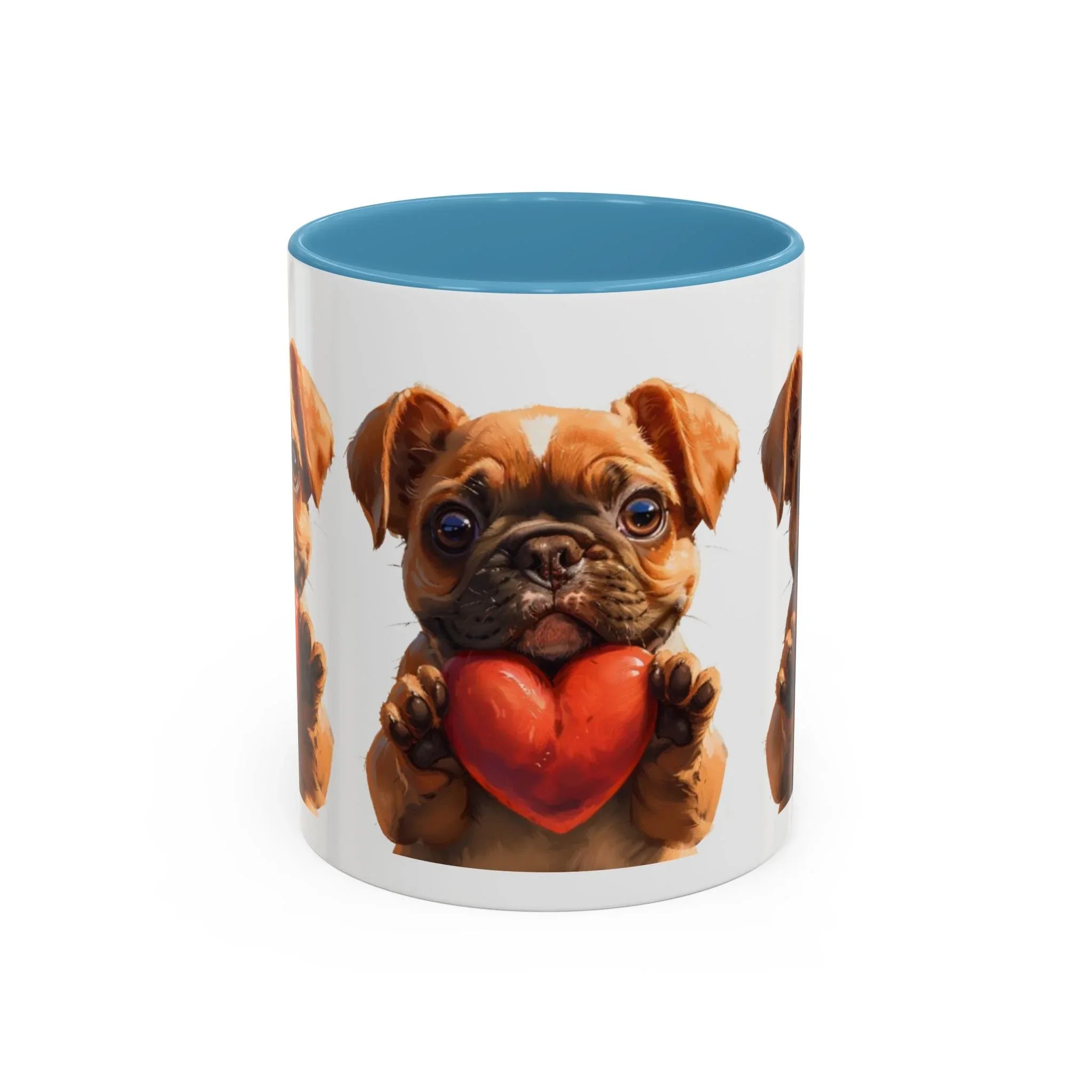 Cute French Bulldog Holding Red Heart Accent Coffee Mug | Puppy Cartoon Illustration - 250 USA Celebration
