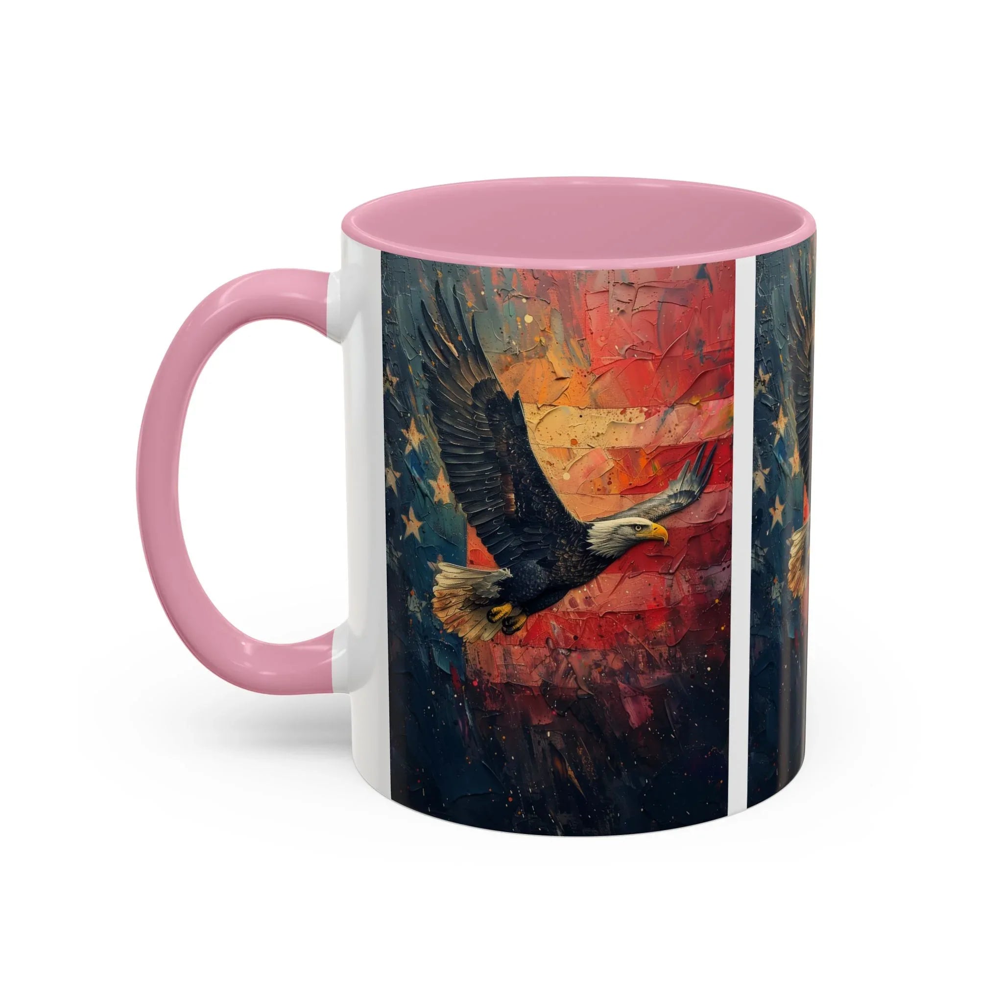 Colorful Mugs (11oz, 15oz) American Eagle Flying Coffee Cup, Patriotic American Eagle flying with American Flag in background - 250 USA Celebration