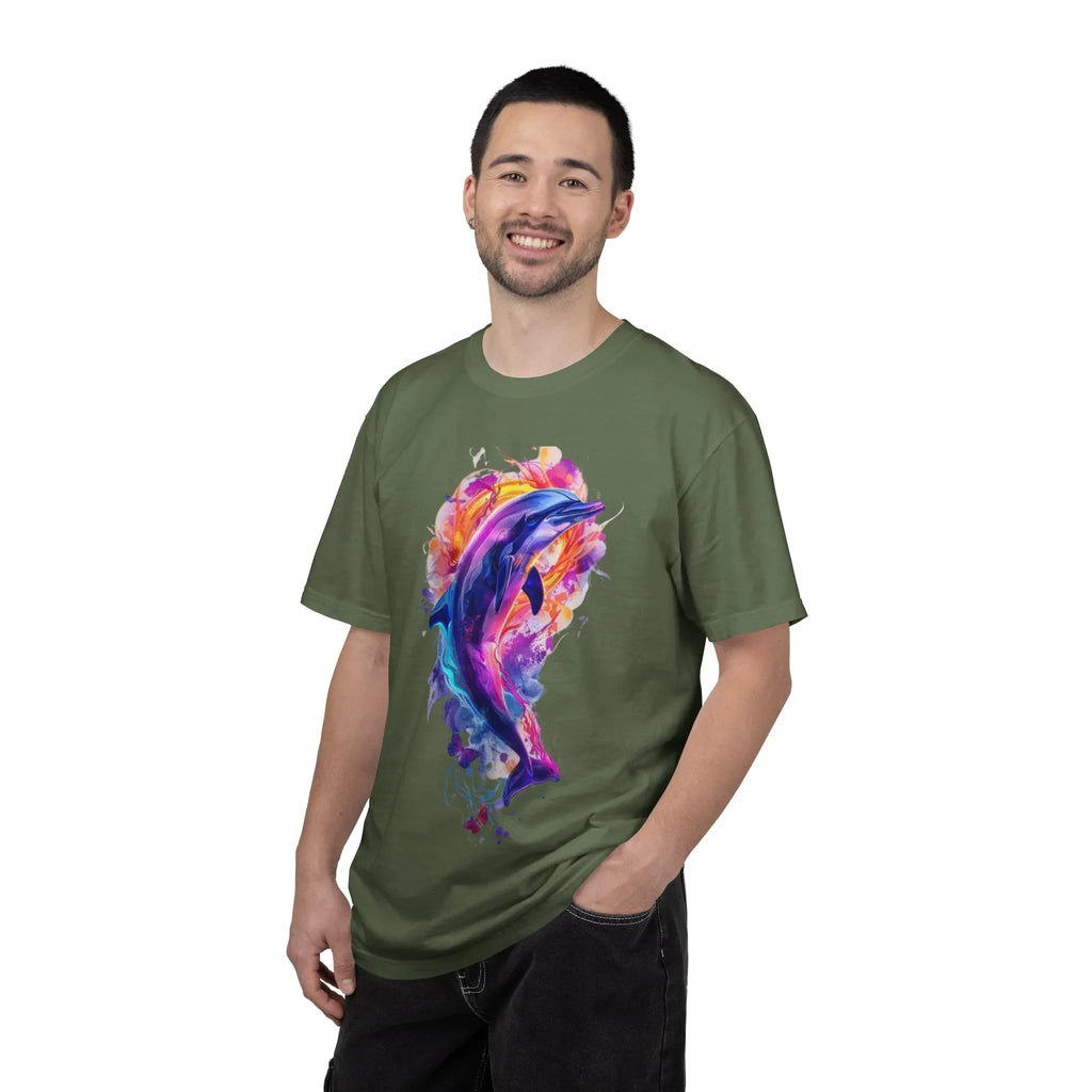 Colorful Watercolor Dolphin T-shirt | Vibrant Ocean Dolphin Tee Chrome Y2K Fantasy Dolphins & Butterflies T-Shirt | Airbrushed Liquid Metal - 250 USA Celebration