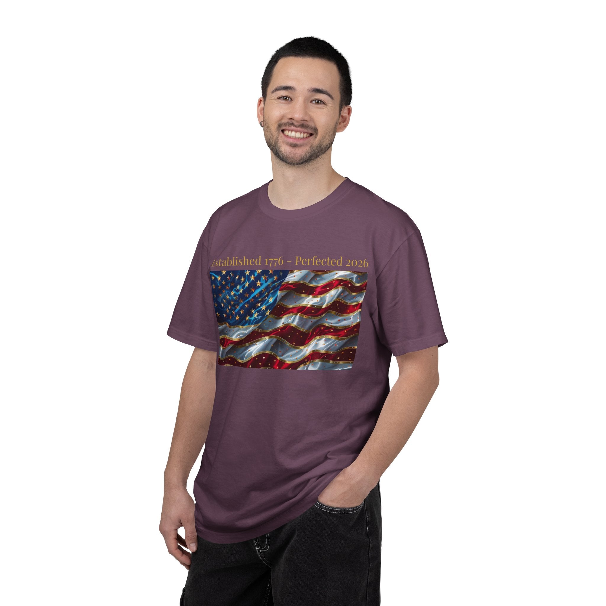 American Flag T-Shirt – "Established 1776 • Perfected 2026" Patriotic Tee