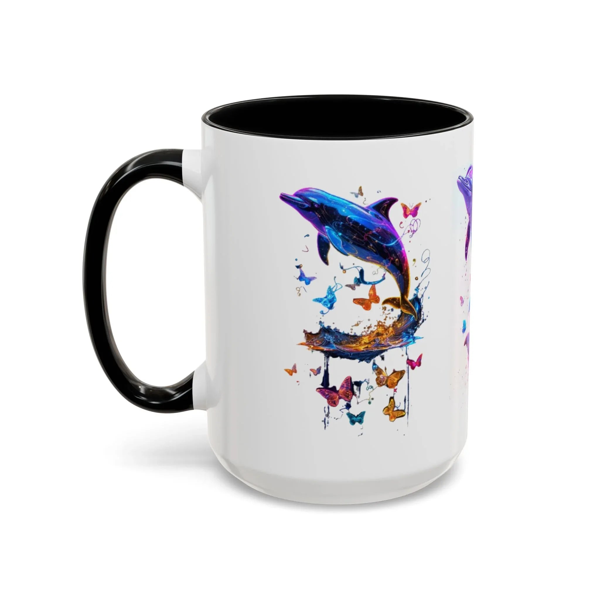 Y2K Chrome Dolphin Flaming Hoop Mug | Holographic Neon Dolphin Coffee Cup - 250 USA Celebration