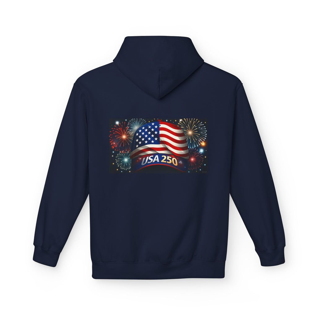 USA 250 Patriotic Hoodie with American Flag & Fireworks