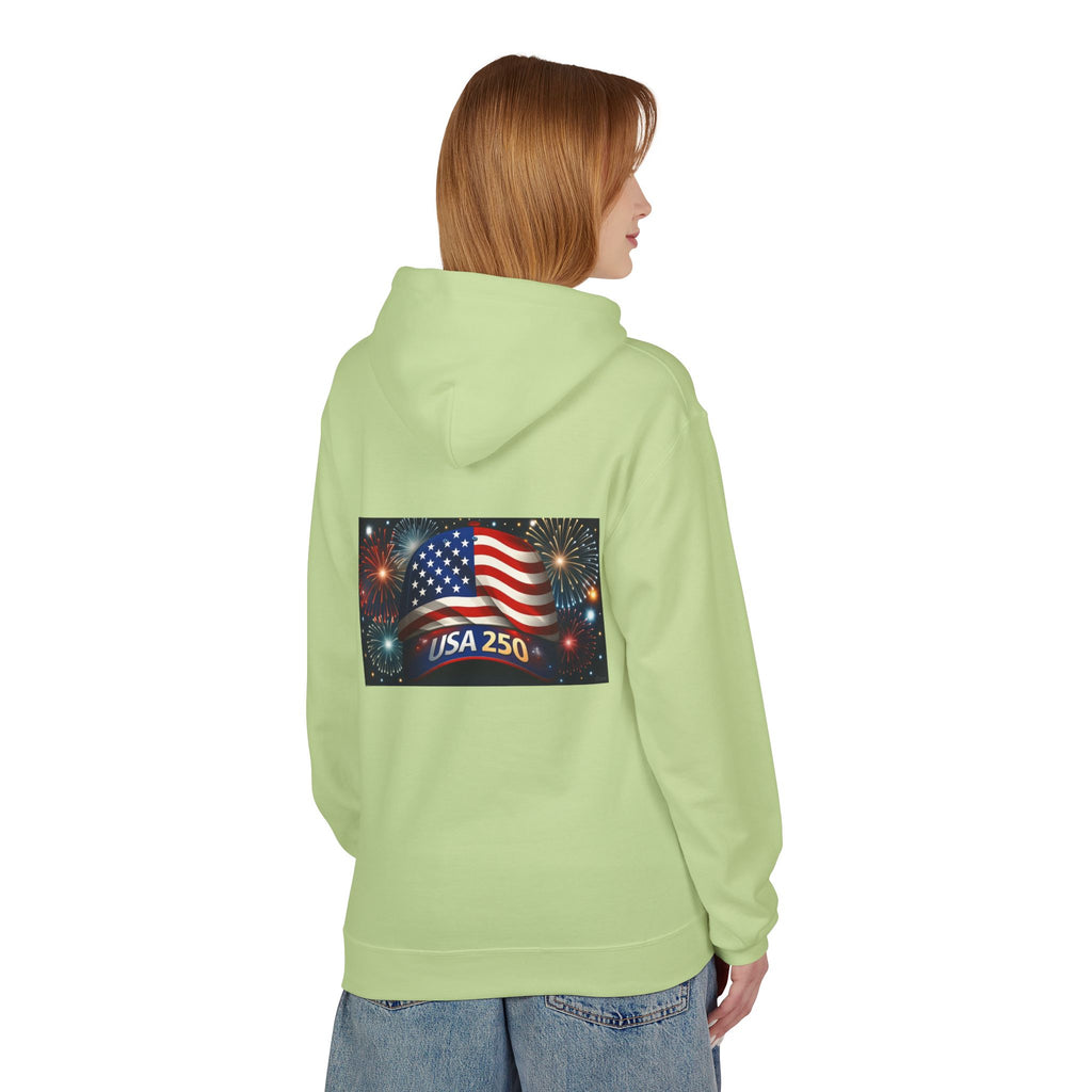 USA 250 Patriotic Hoodie with American Flag & Fireworks