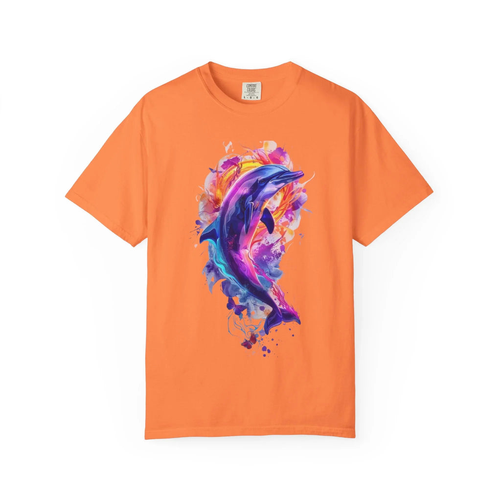 Colorful Watercolor Dolphin T-shirt | Vibrant Ocean Dolphin Tee Chrome Y2K Fantasy Dolphins & Butterflies T-Shirt | Airbrushed Liquid Metal - 250 USA Celebration