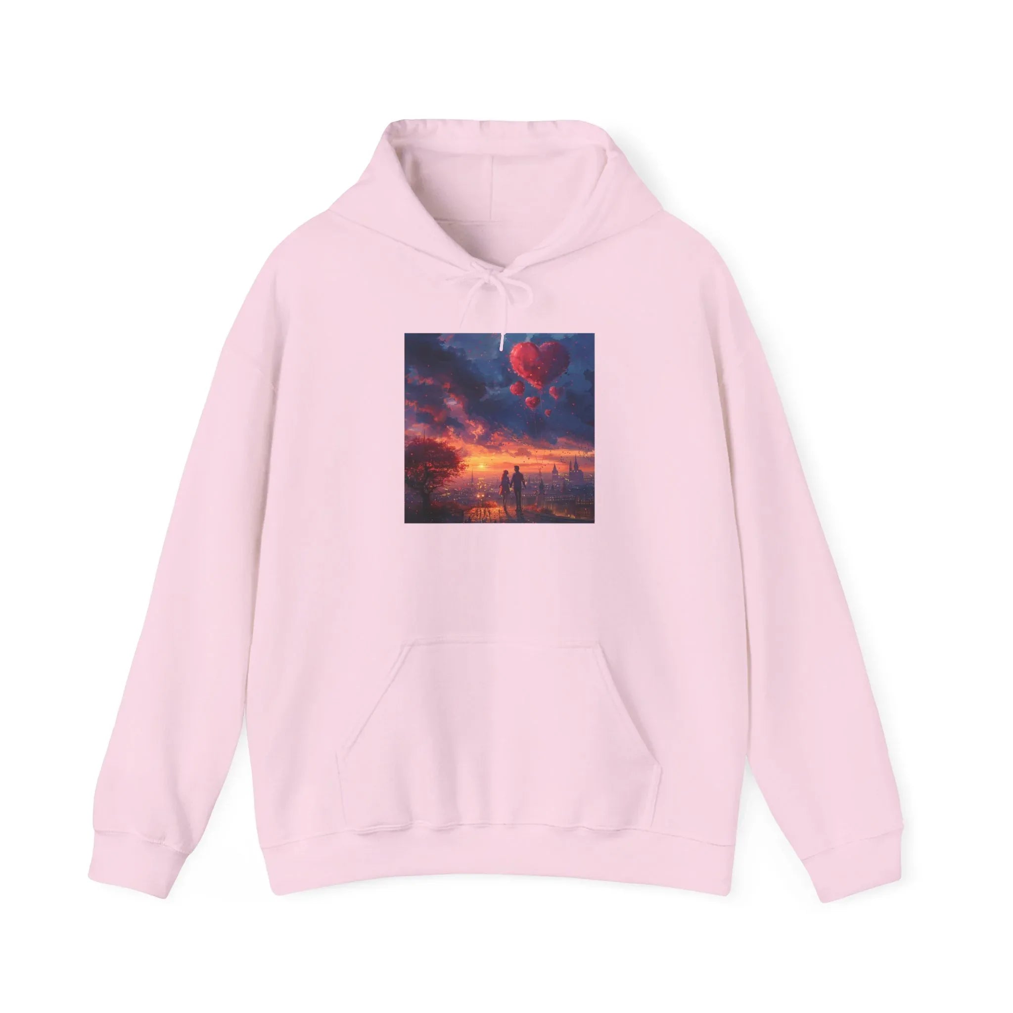 Romantic Sunset Hoodie with Hot Air Balloon, Unisex Sweatshirt for Valentines Day, Valentine's Day T-Shirts, Personalized Valentine's Gifts - 250 USA Celebration