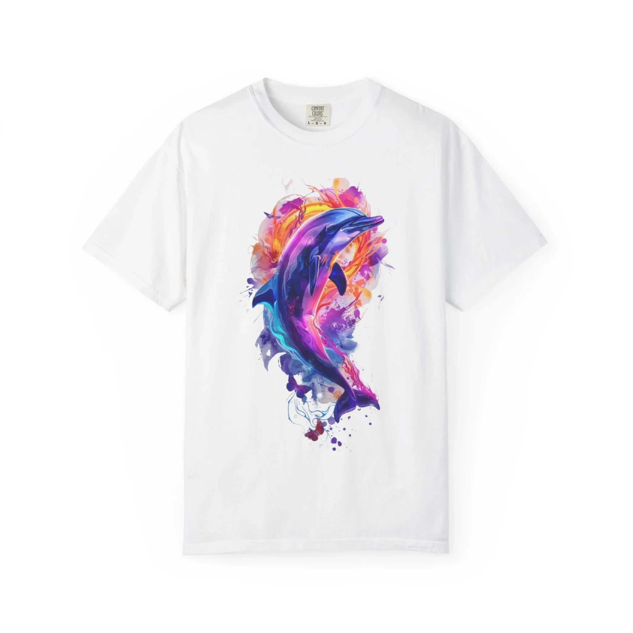 Colorful Watercolor Dolphin T-shirt | Vibrant Ocean Dolphin Tee Chrome Y2K Fantasy Dolphins & Butterflies T-Shirt | Airbrushed Liquid Metal - 250 USA Celebration