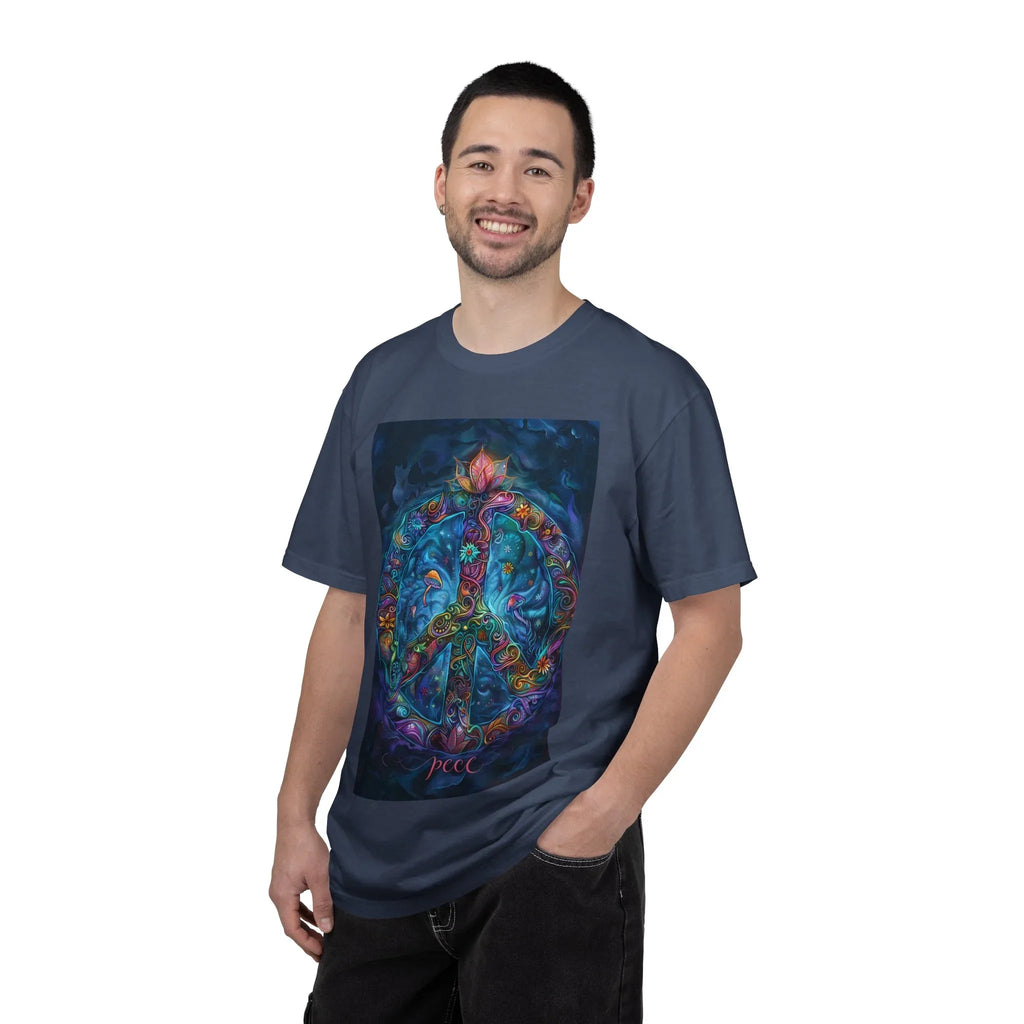 Floral Peace Sign T-shirt | Psychedelic Hippie Vibes, Blue Shirt - 250 USA Celebration