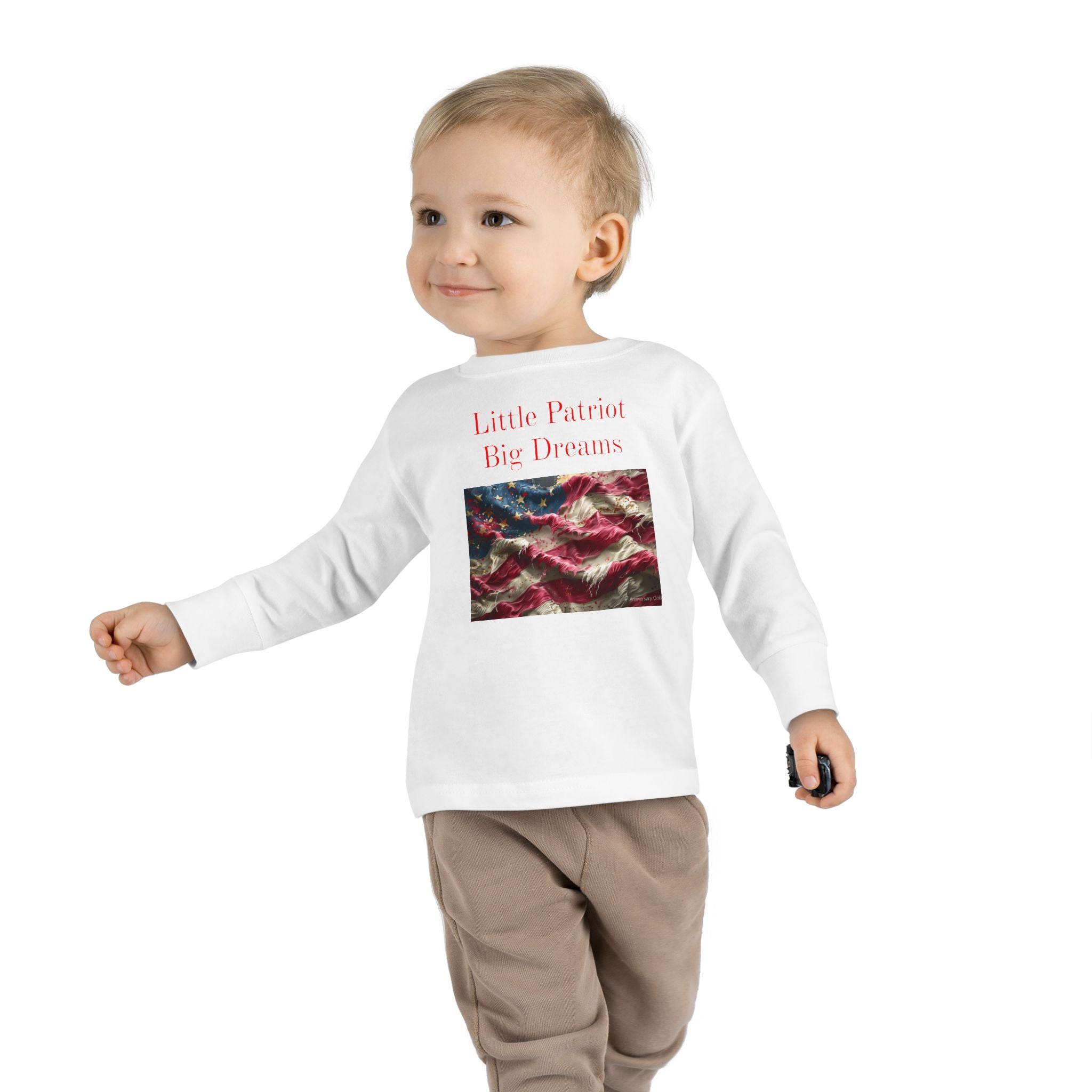 Toddler Long Sleeve Tee — "Little Patriot Big Dreams" American Flag Graphic