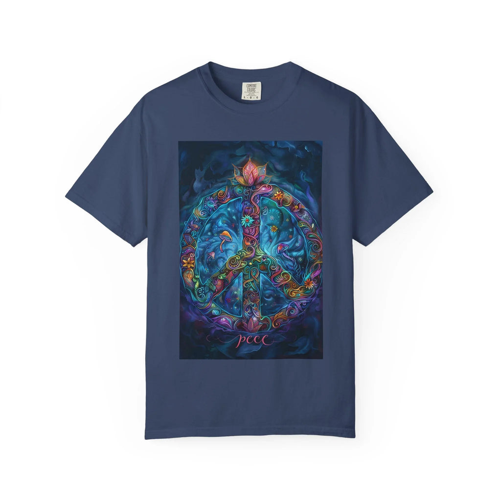 Floral Peace Sign T-shirt | Psychedelic Hippie Vibes, Blue Shirt - 250 USA Celebration
