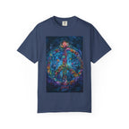 Floral Peace Sign T-shirt | Psychedelic Hippie Vibes, Blue Shirt - 250 USA Celebration