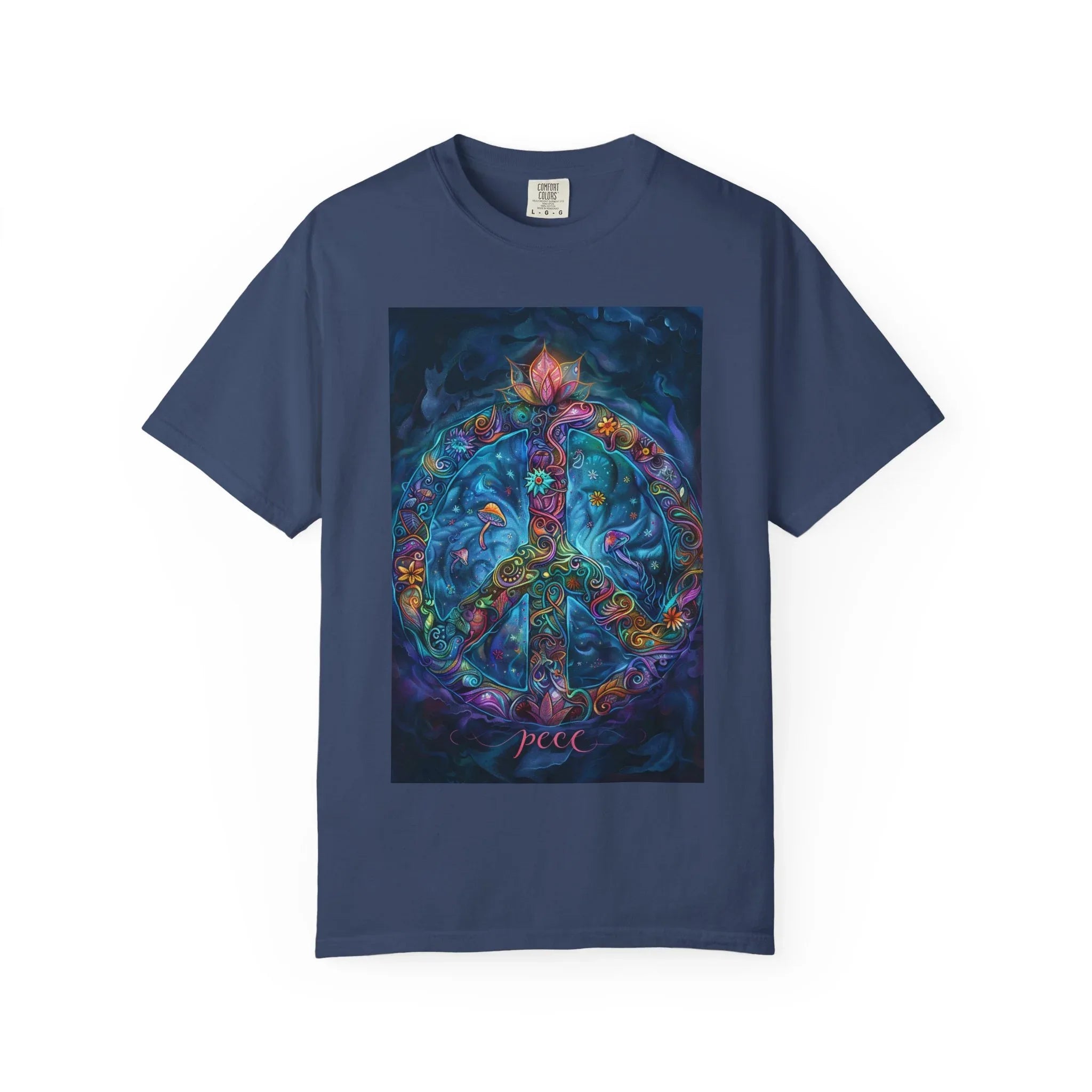 Floral Peace Sign T-shirt | Psychedelic Hippie Vibes, Blue Shirt - 250 USA Celebration